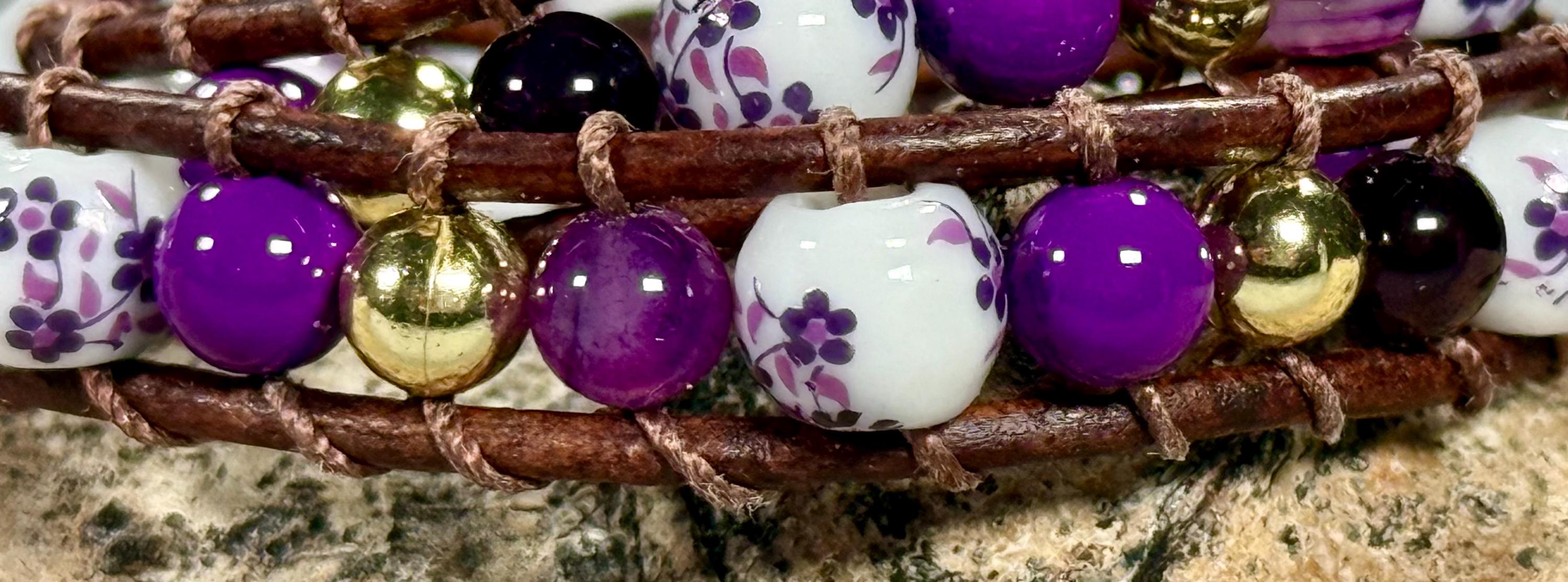 Handmade Double-wrap Beaded Leather Bracelet, Gemstone Beads - Thumbnail 3