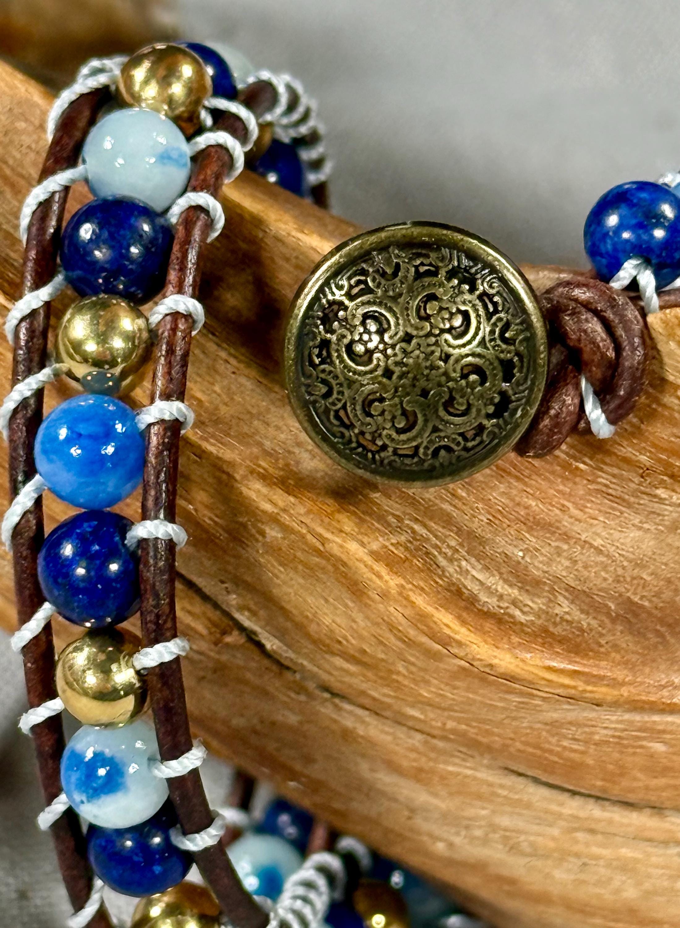 Handmade Double-wrap Beaded Leather Bracelet, Gemstone Beads - Thumbnail 3