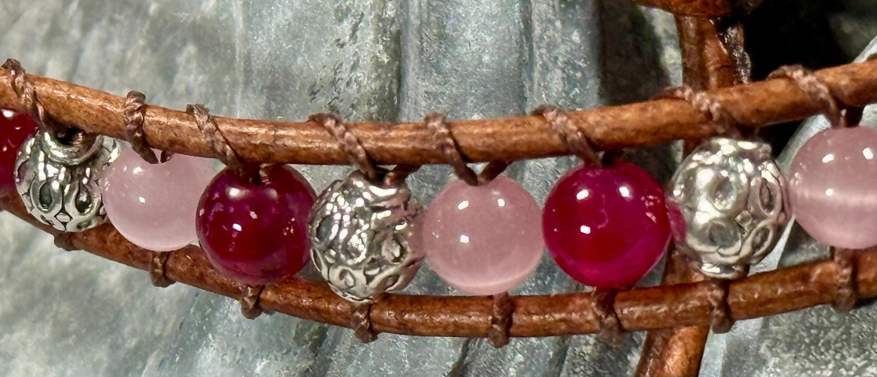 Handmade Beaded Leather Bracelet, Gemstone Beads - Thumbnail 3