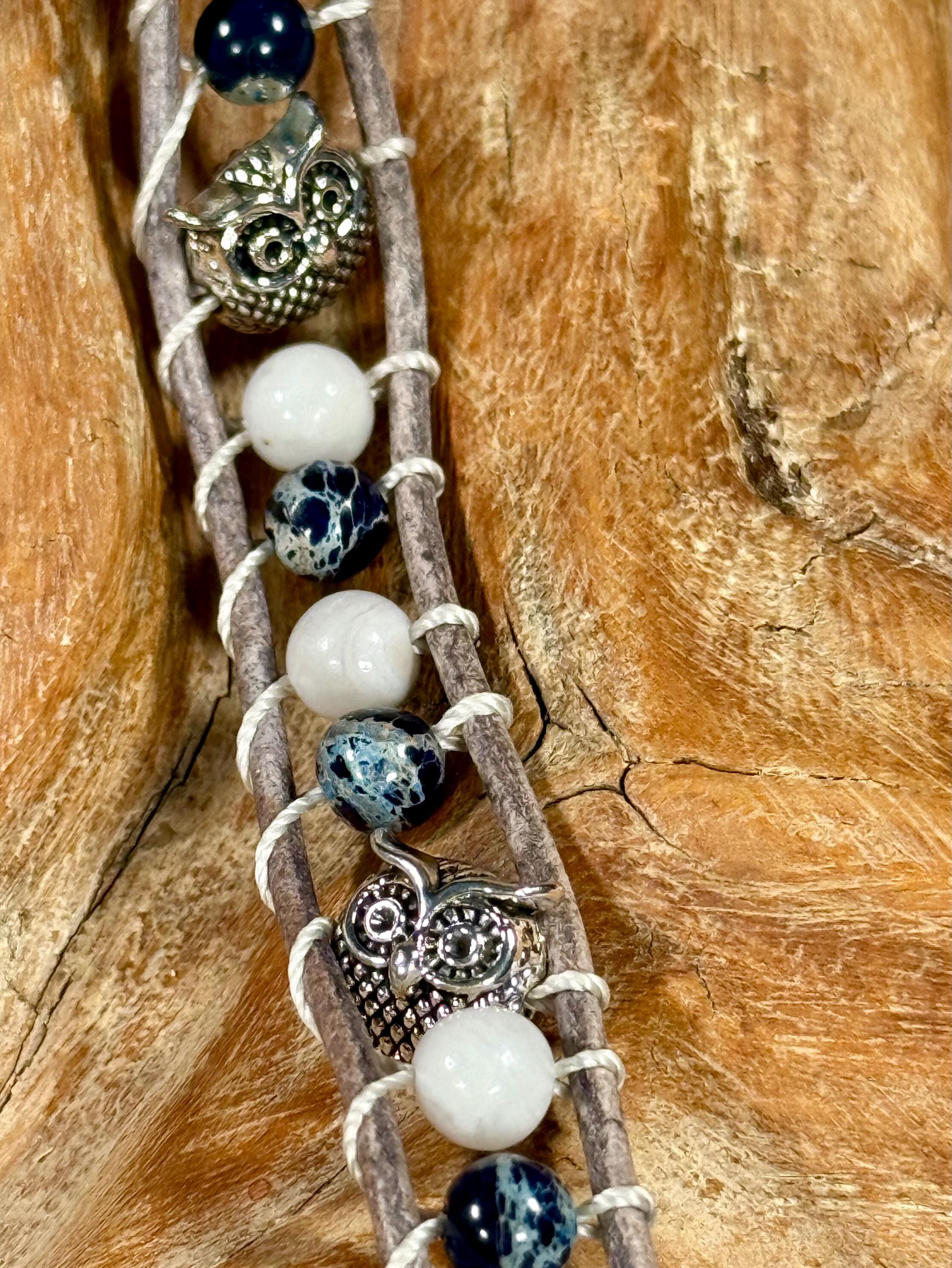 Handmade Double-wrap Beaded Leather Bracelet, Gemstone Beads, Owl Bracelet - Thumbnail 2