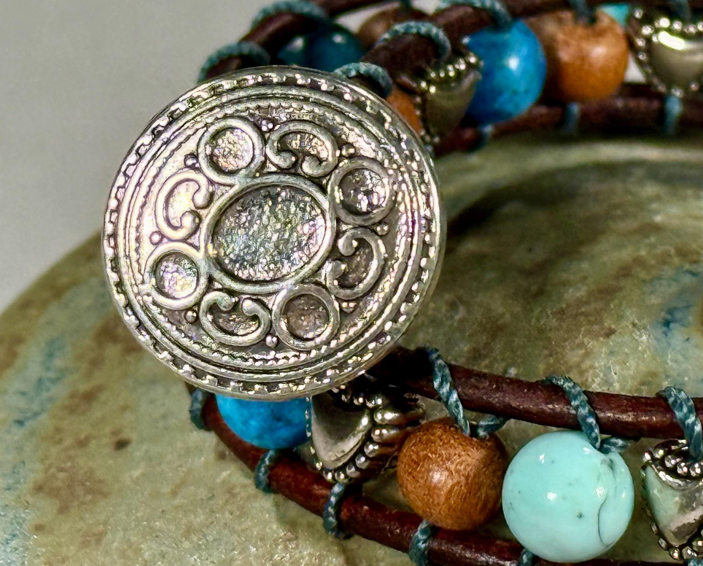 Handmade Double-wrap Beaded Leather Bracelet, Gemstone Beads, Heart Beads - Thumbnail 2