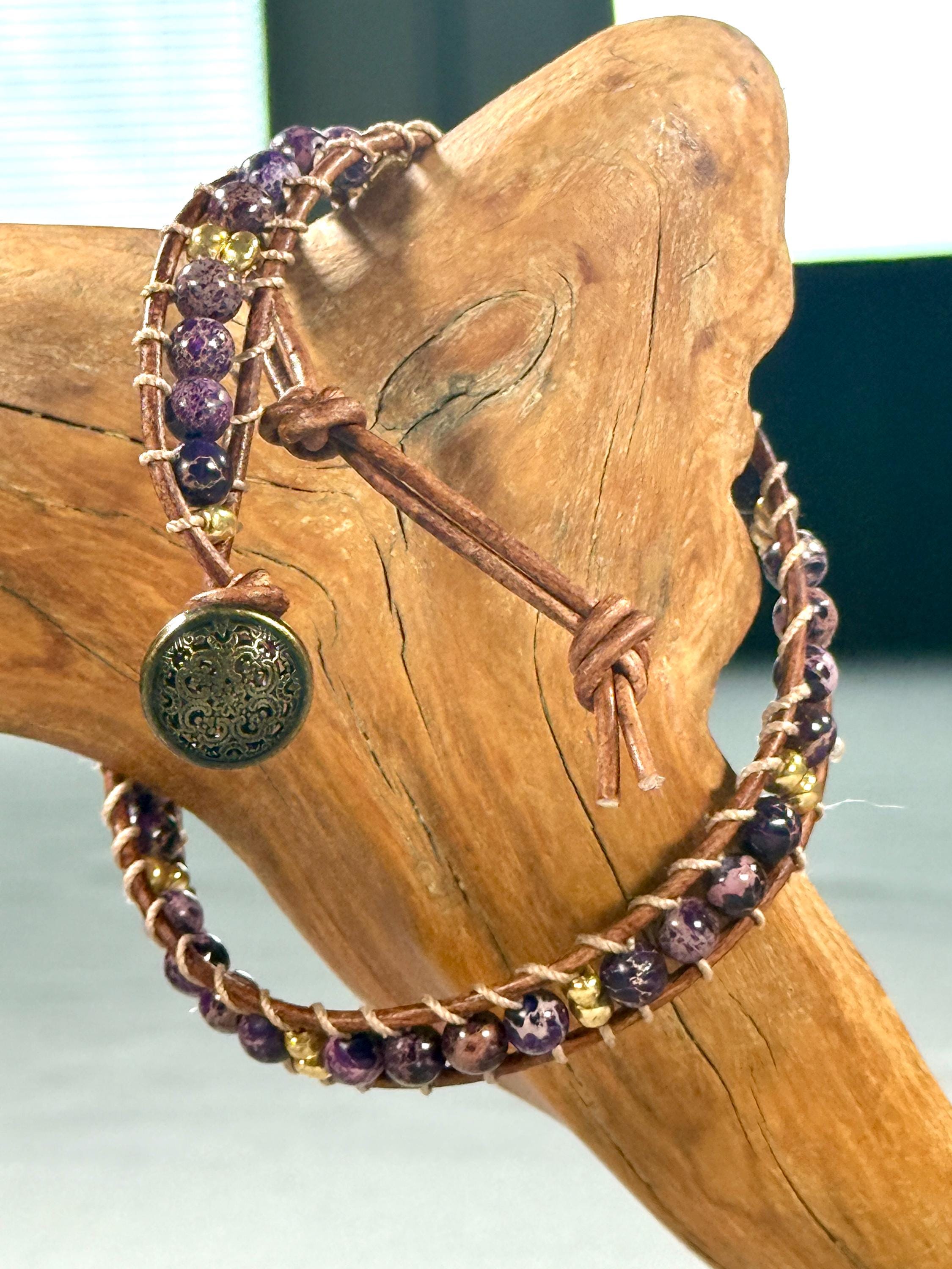 Handmade Double-wrap Beaded Leather Bracelet, Gemstone Beads - Image 1