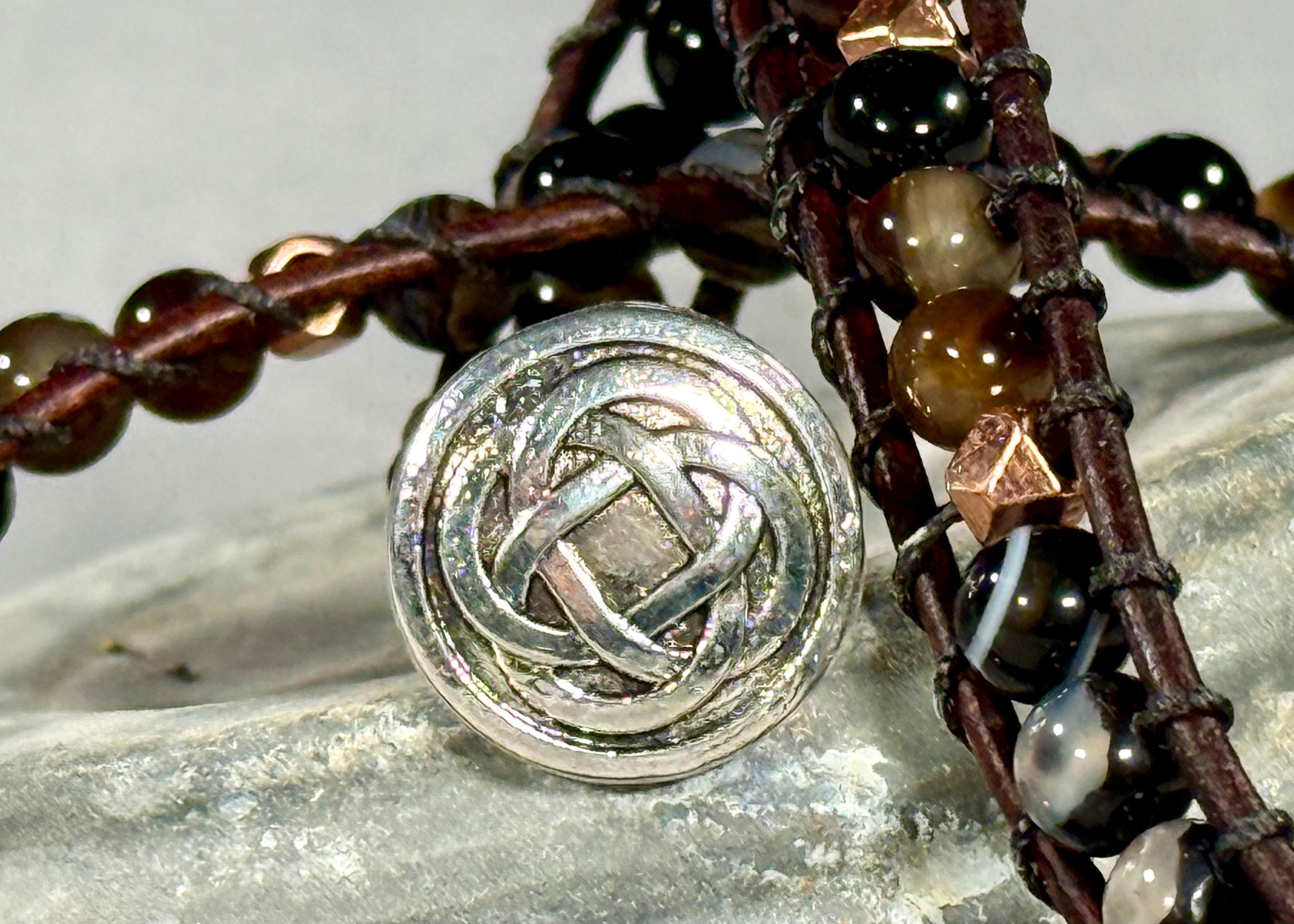 Handmade Double-wrap Beaded Leather Bracelet, Gemstone Beads - Thumbnail 3
