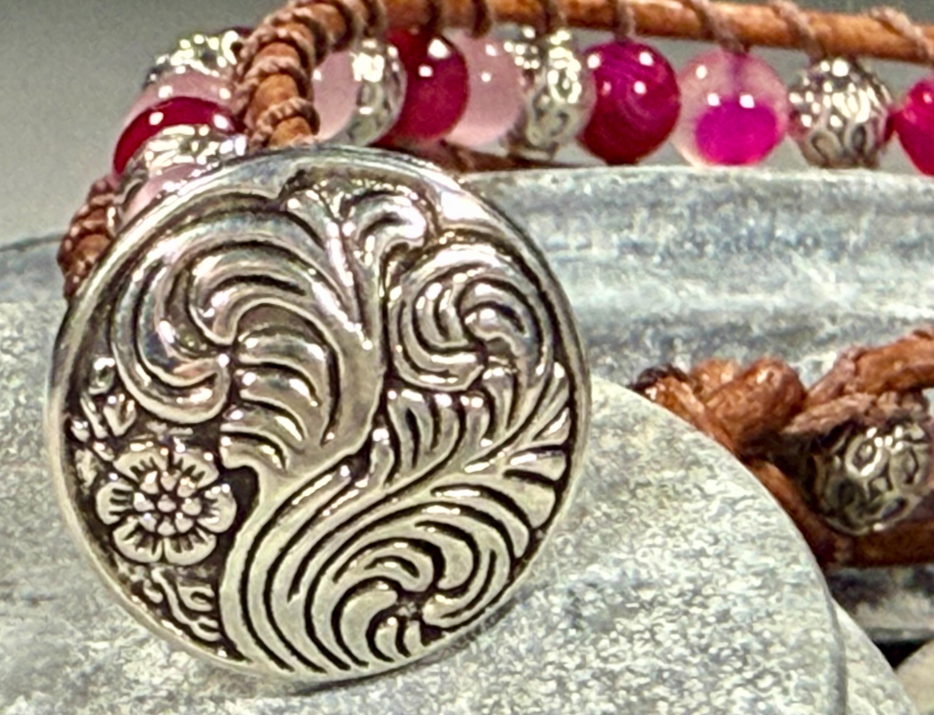 Handmade Beaded Leather Bracelet, Gemstone Beads - Thumbnail 2