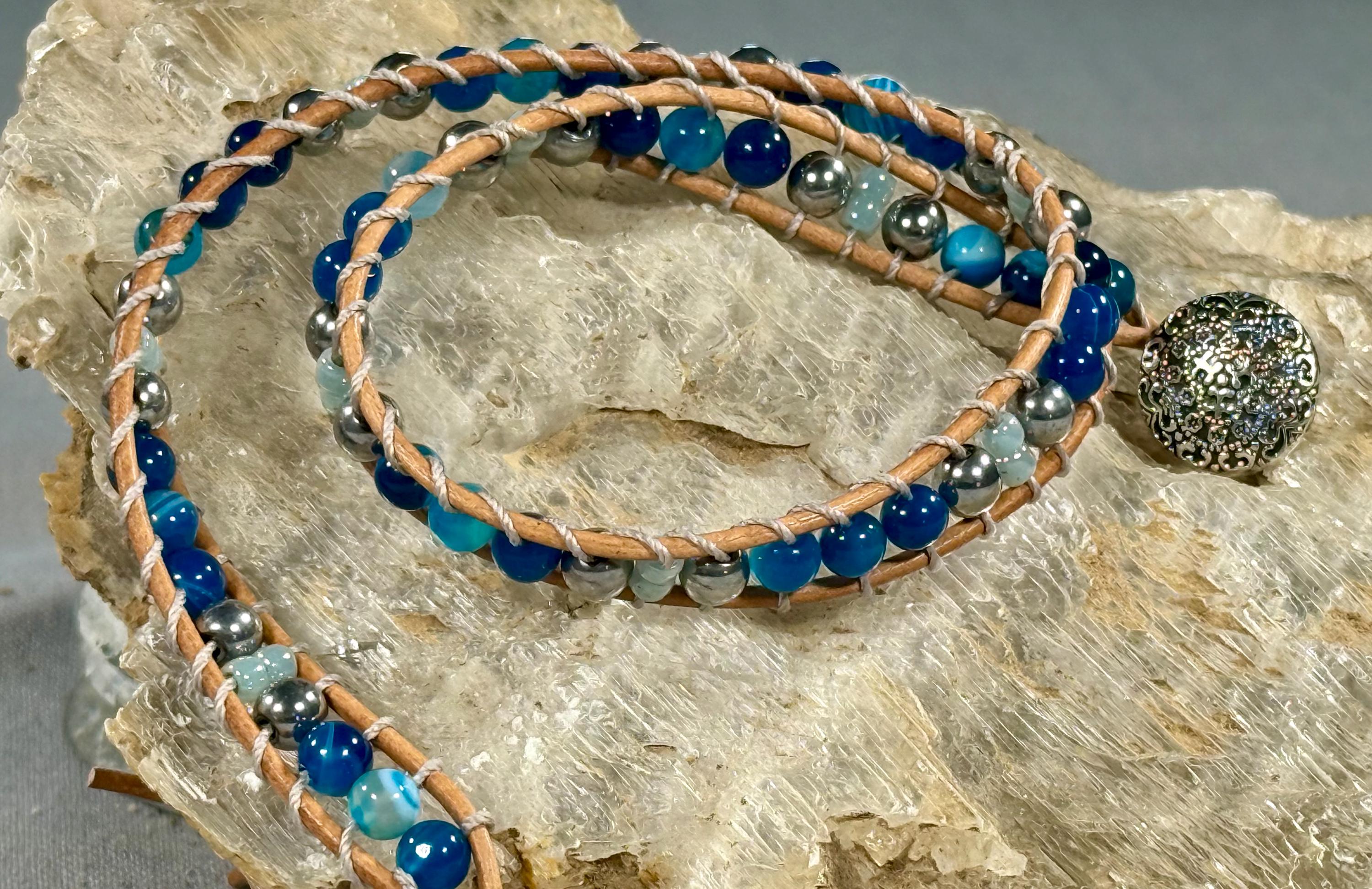 Handmade Double-wrap Beaded Leather Bracelet, Gemstone Beads