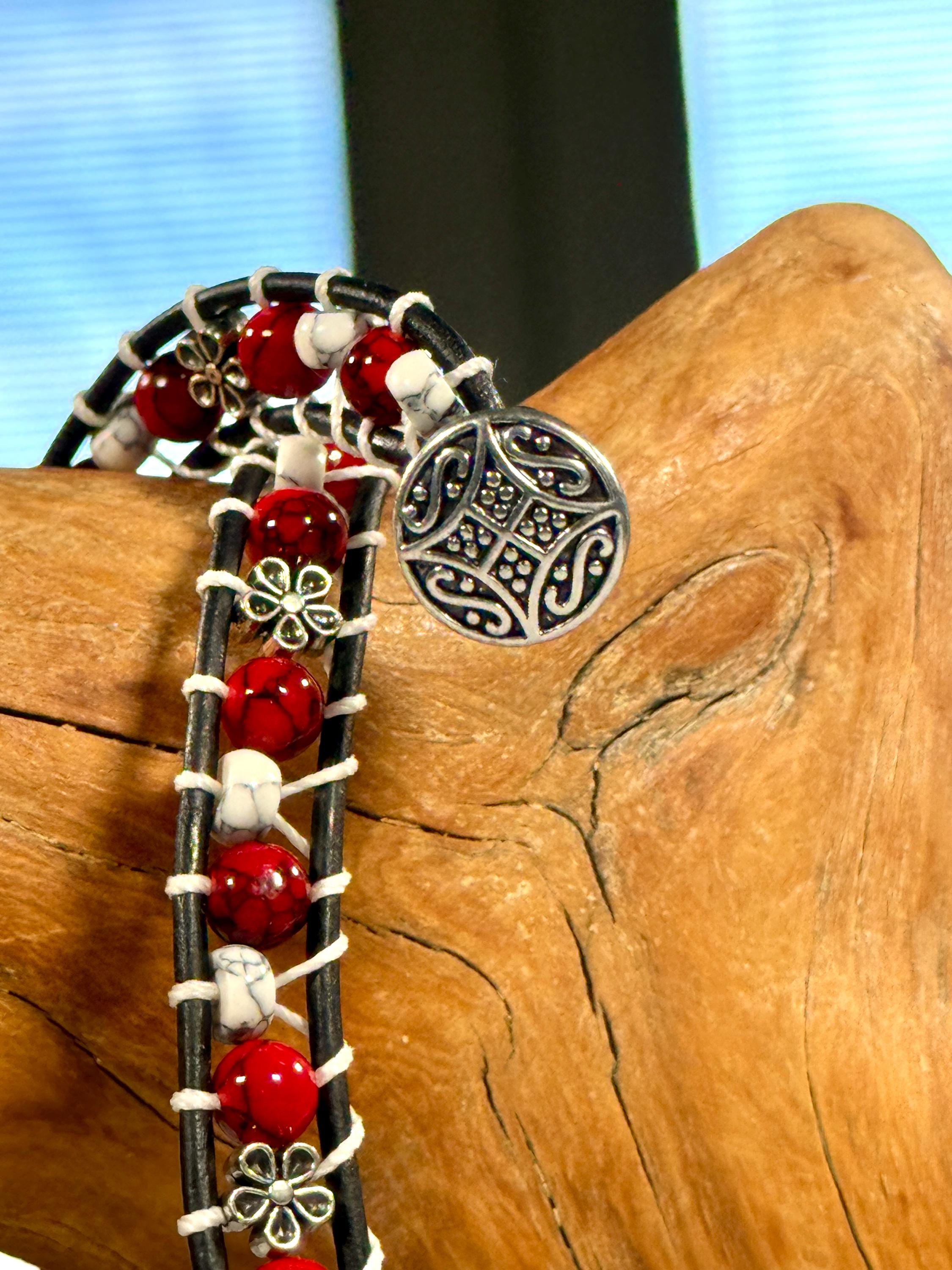 Handmade Double-wrap Beaded Leather Bracelet, Gemstone Beads, Flower Bracelet - Thumbnail 3