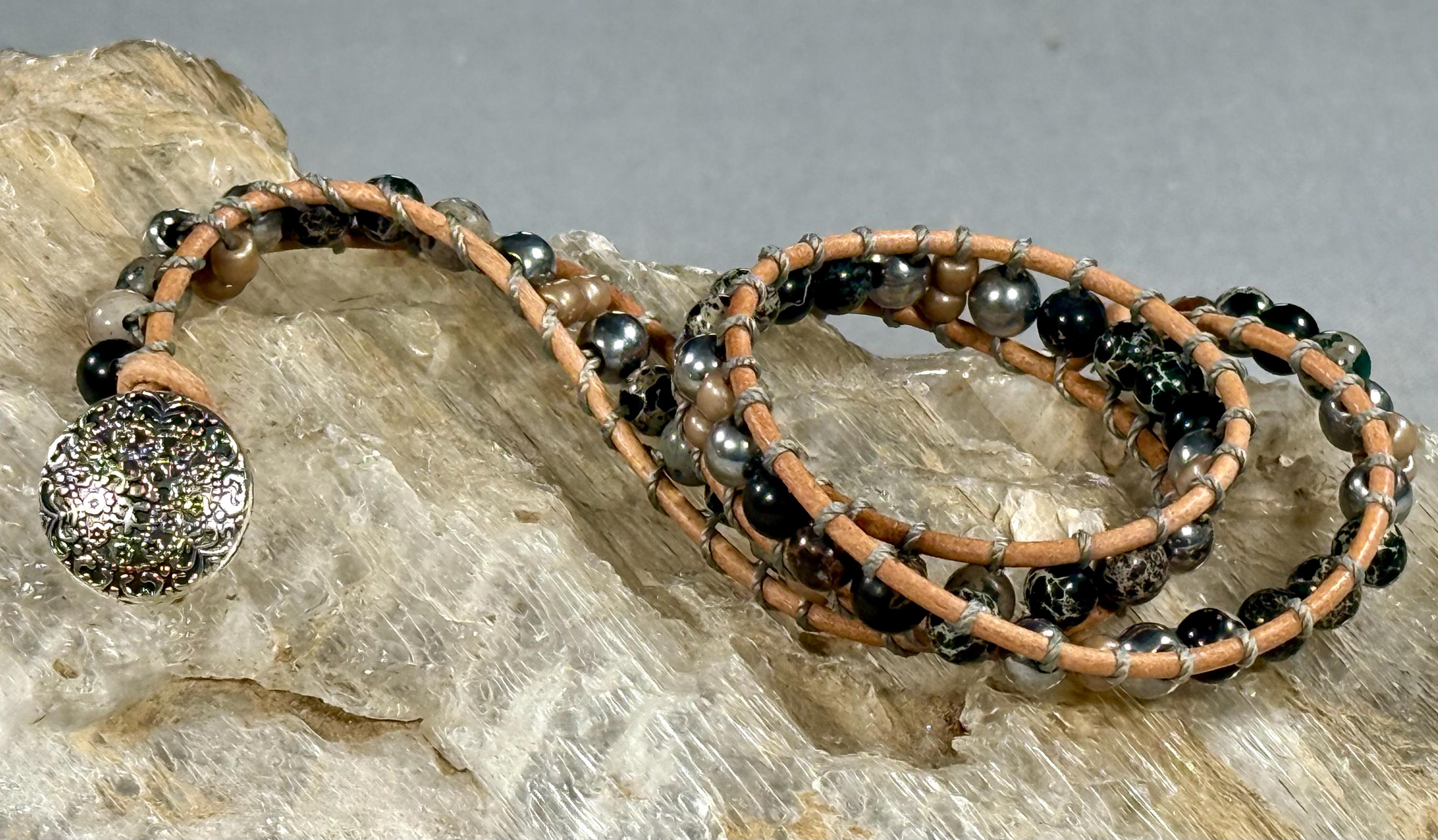 Handmade Double-wrap Beaded Leather Bracelet, Gemstone Beads