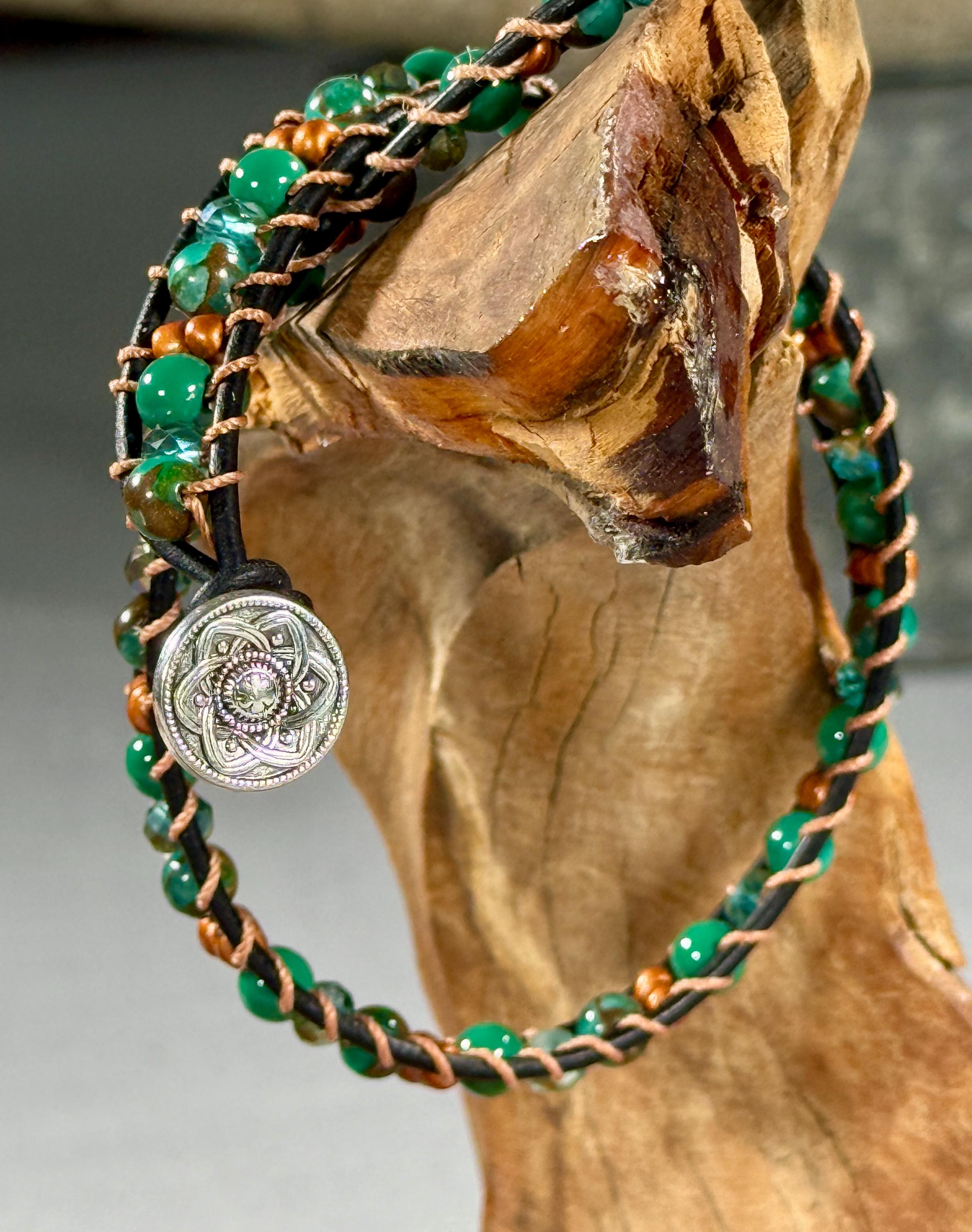 Handmade Double-wrap Beaded Leather Bracelet, Gemstone Beads - Image 1