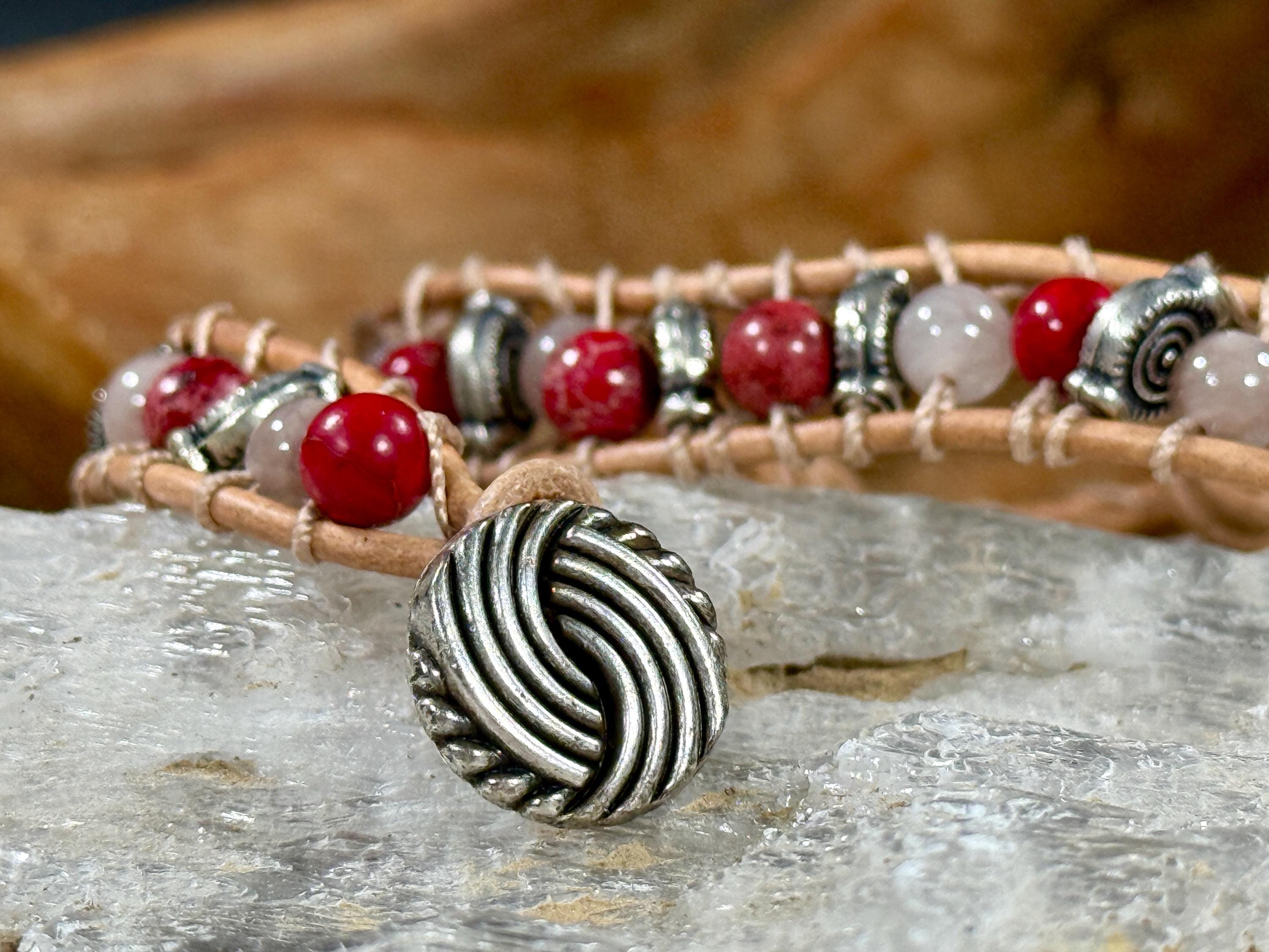 Handmade Double-wrap Beaded Leather Bracelet, Gemstone Beads - Thumbnail 3