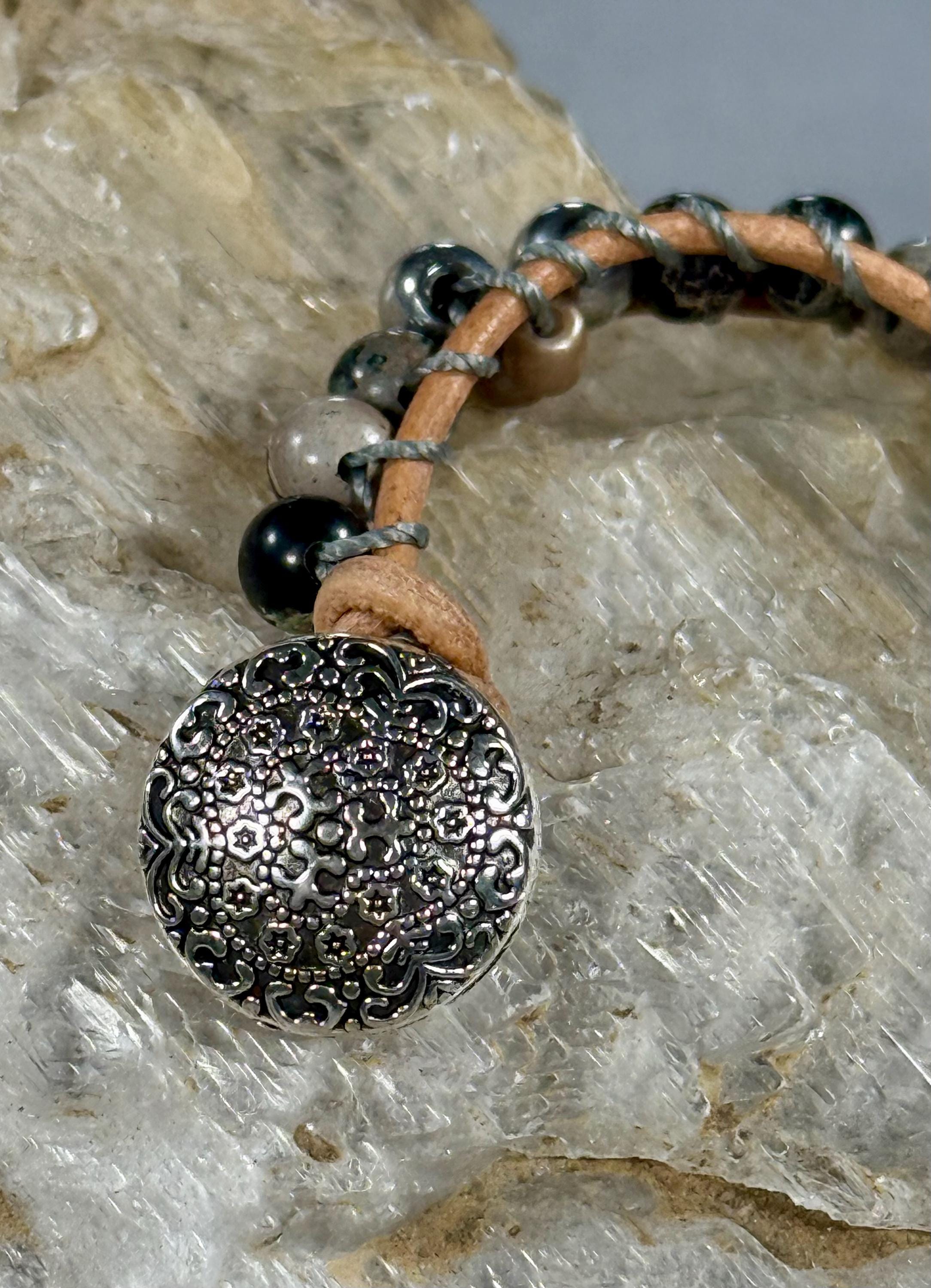 Handmade Double-wrap Beaded Leather Bracelet, Gemstone Beads - Thumbnail 3