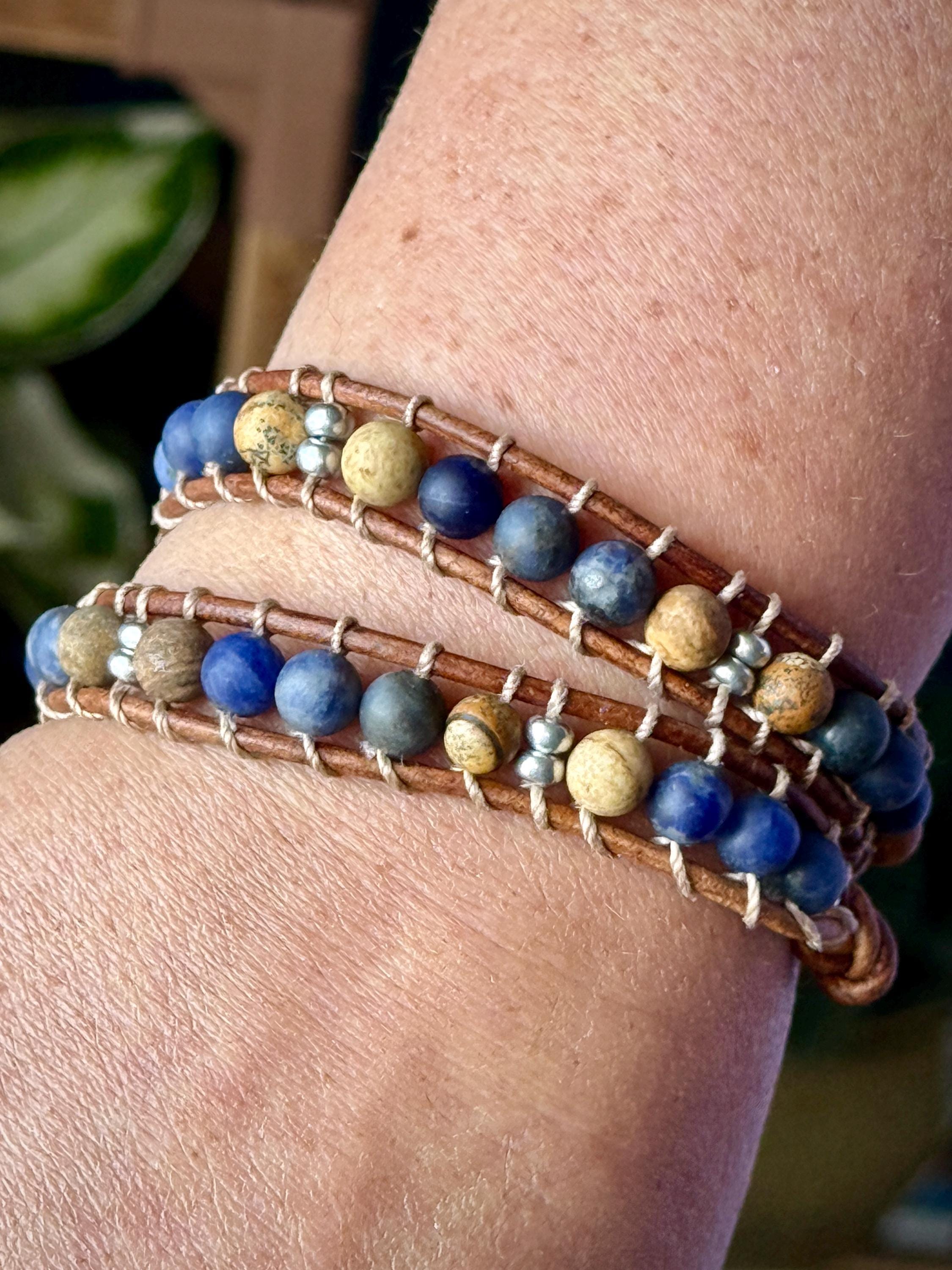 Handmade Beaded Leather Bracelet, Gemstone Beads - Thumbnail 6