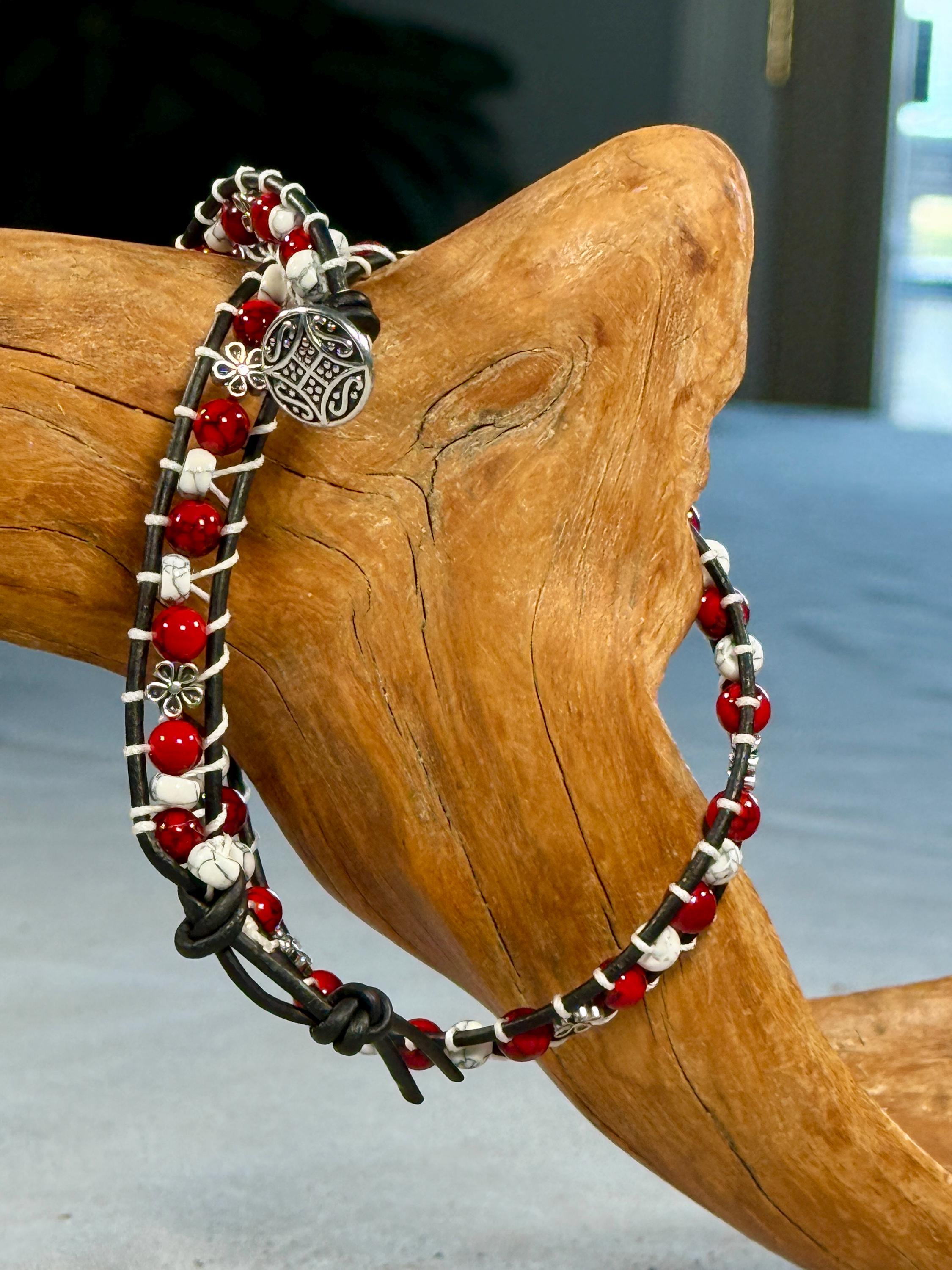 Handmade Double-wrap Beaded Leather Bracelet, Gemstone Beads, Flower Bracelet - Image 1