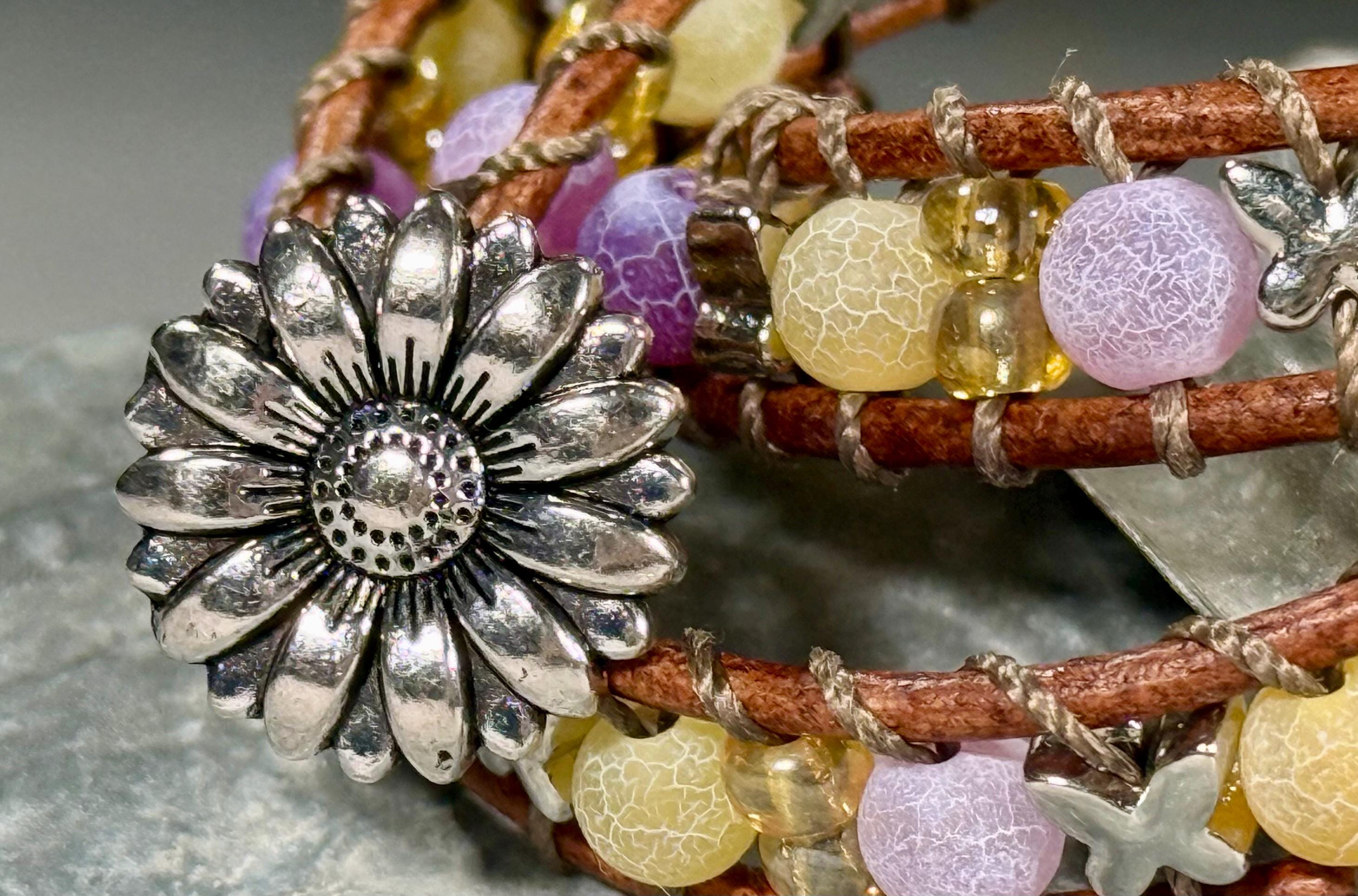 Handmade Double-wrap Beaded Leather Bracelet, Gemstone Beads, Butterfly Beads - Thumbnail 2