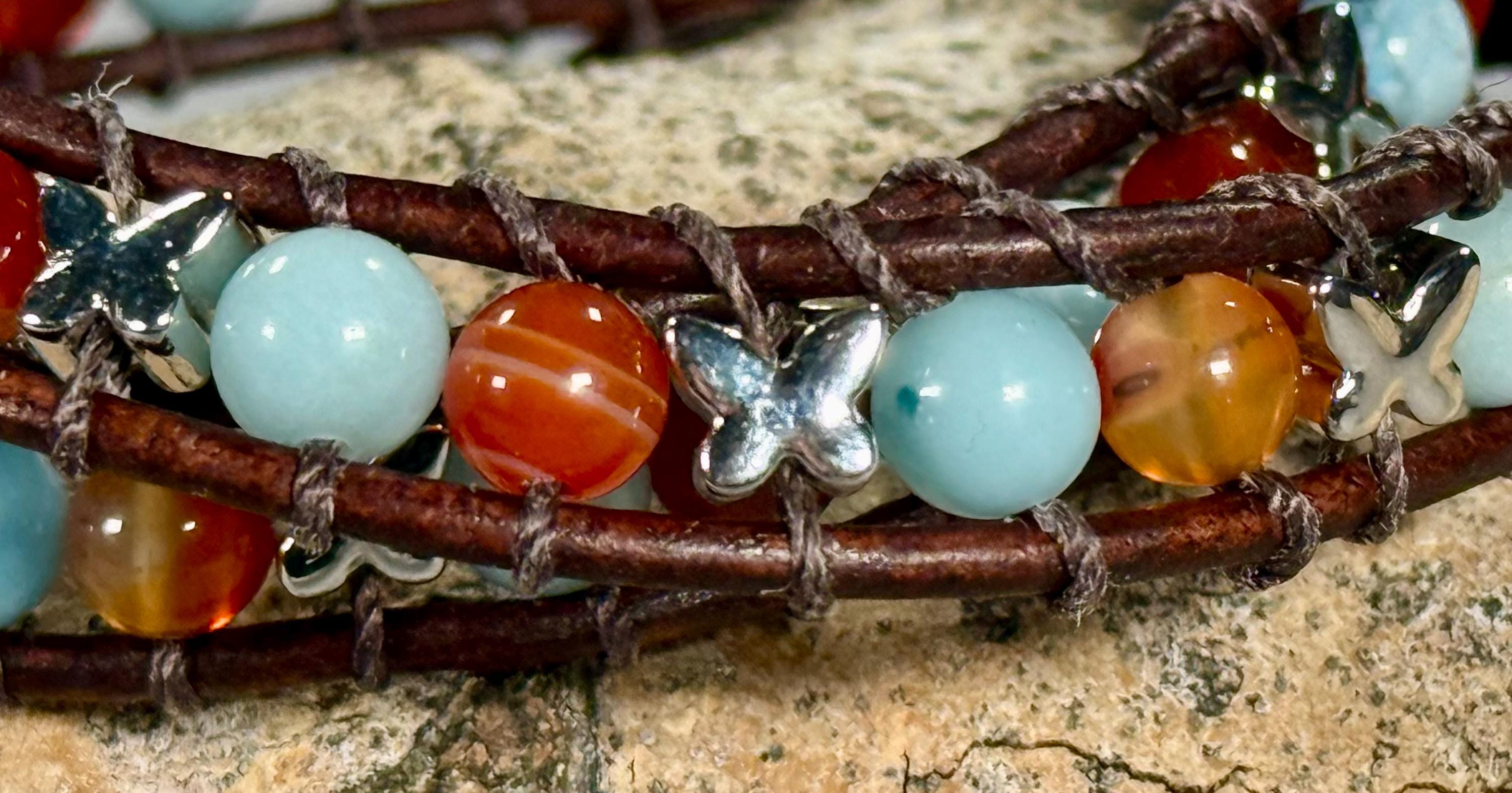 Handmade Double-wrap Beaded Leather Bracelet, Gemstone Beads, Butterfly Beads - Thumbnail 3