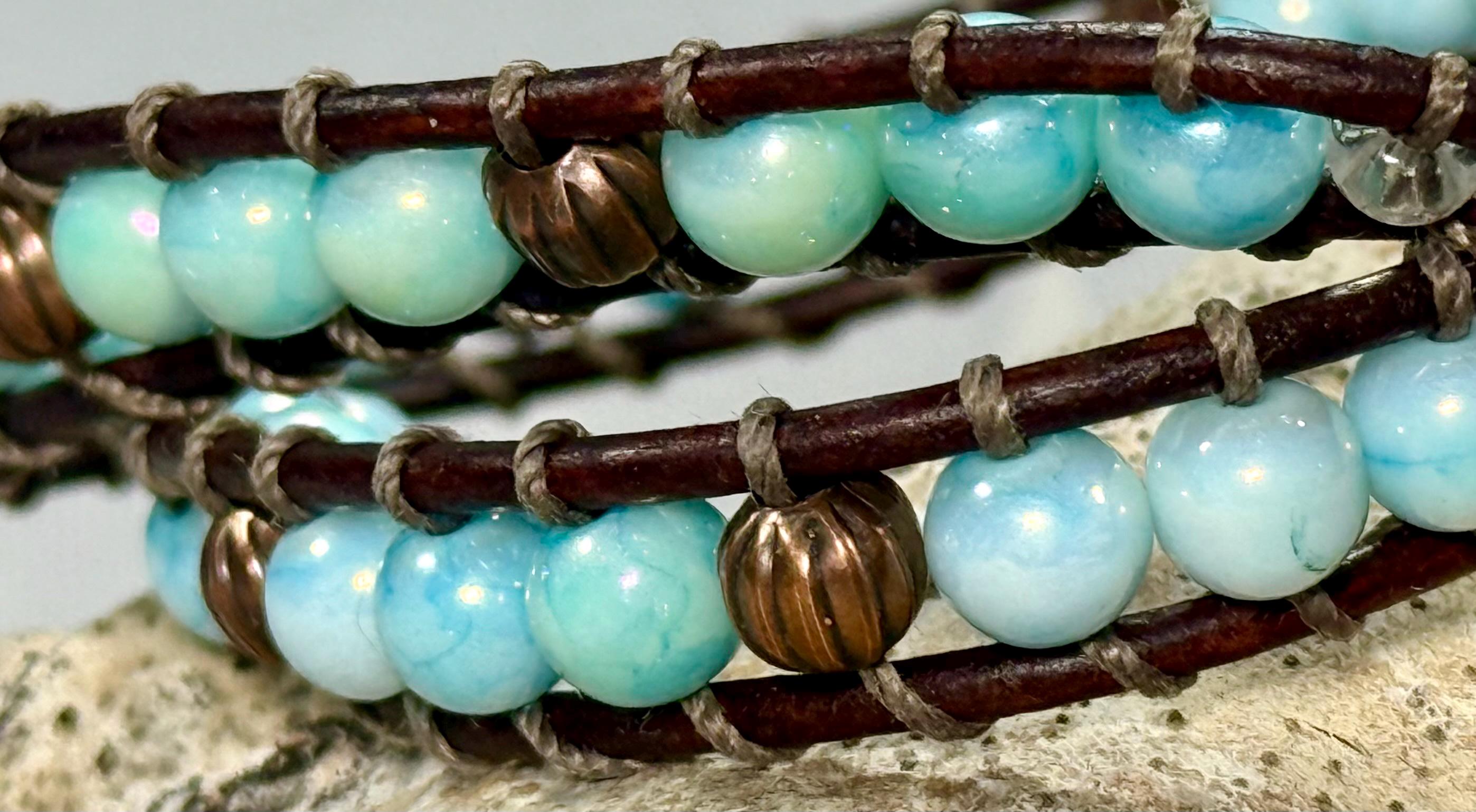 Handmade Double-wrap Beaded Leather Bracelet, Gemstone Beads - Thumbnail 3
