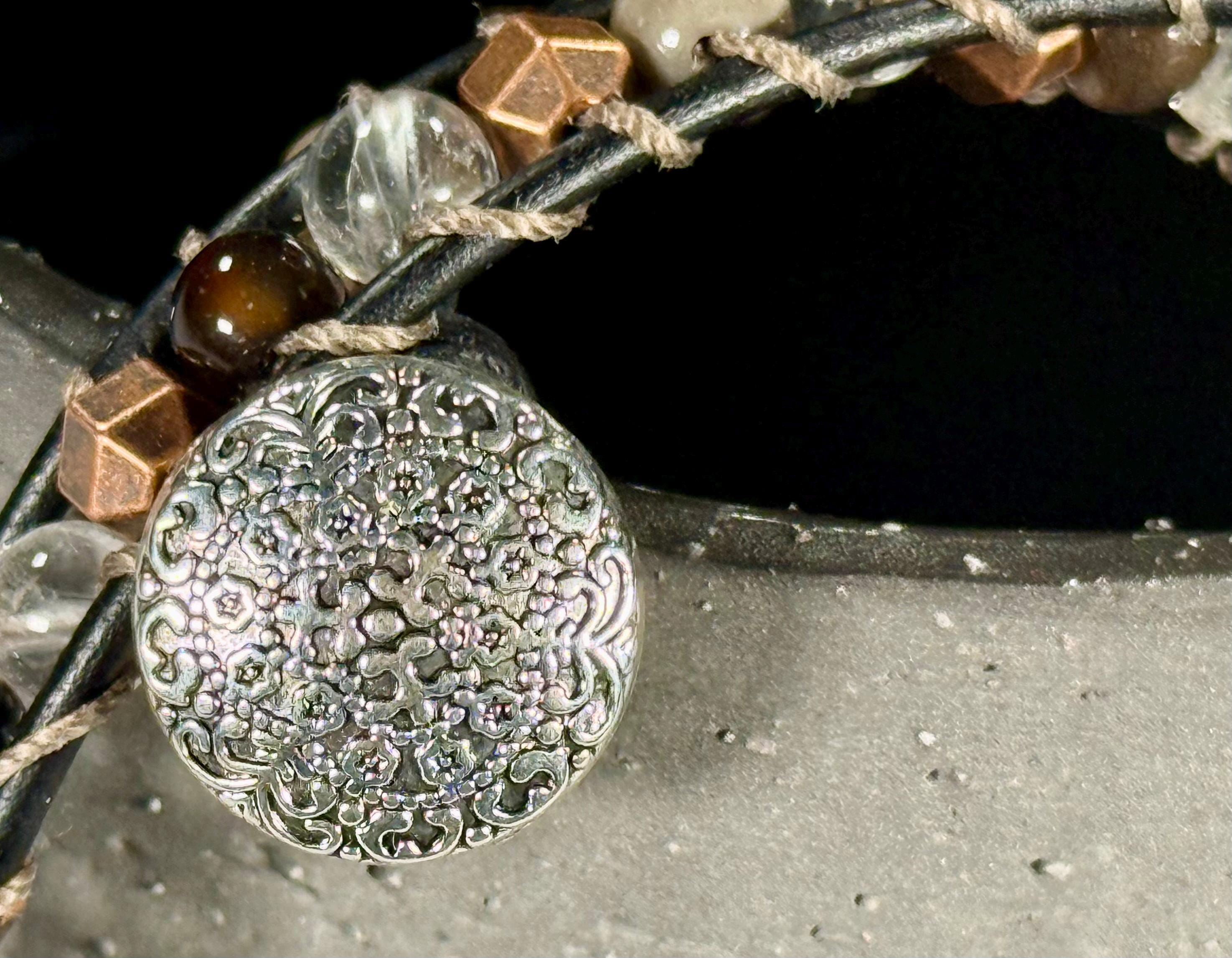Handmade Double-wrap Beaded Leather Bracelet, Gemstone Beads - Thumbnail 2