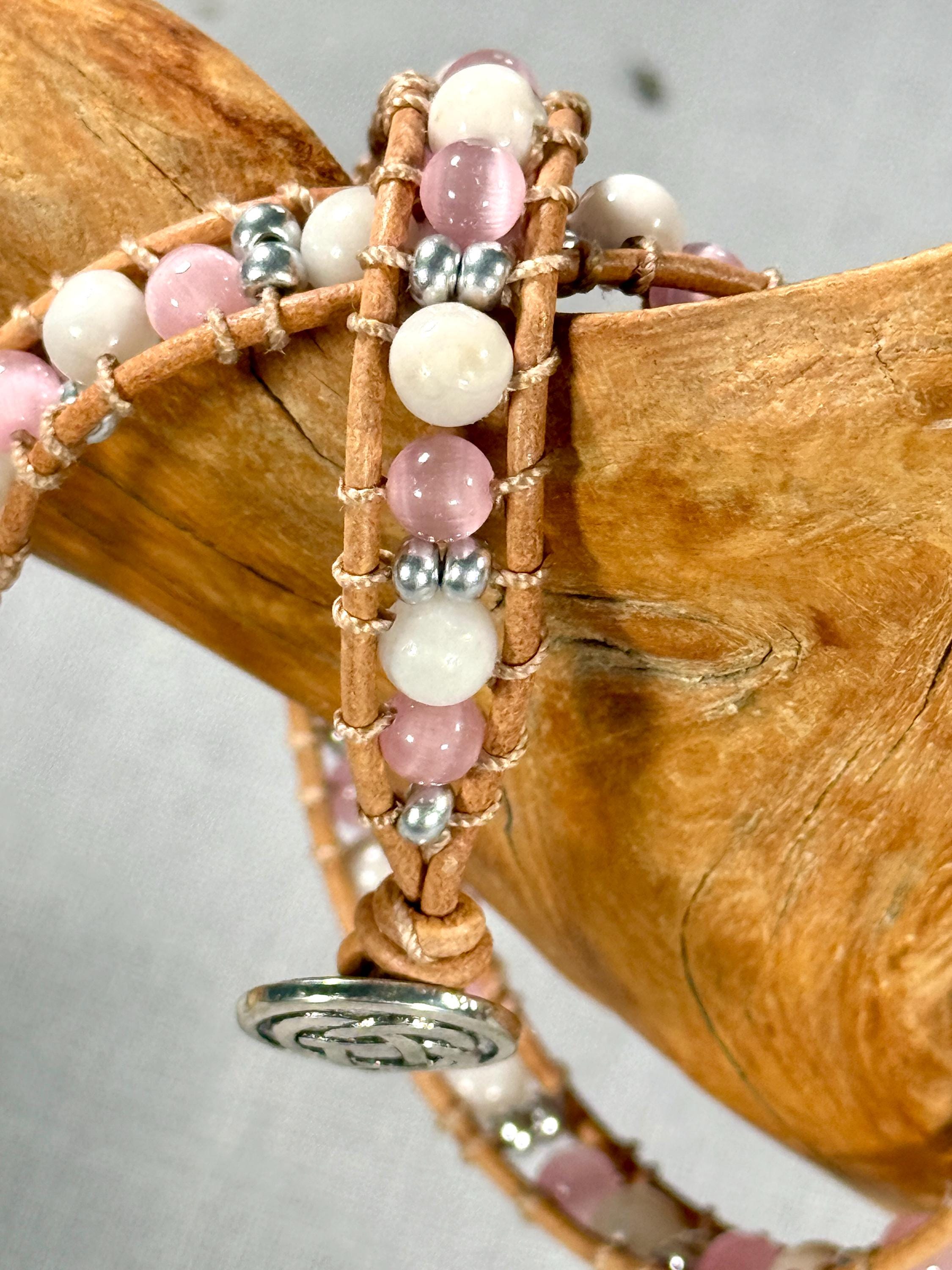 Handmade Double-wrap Beaded Leather Bracelet, Gemstone Beads - Thumbnail 2