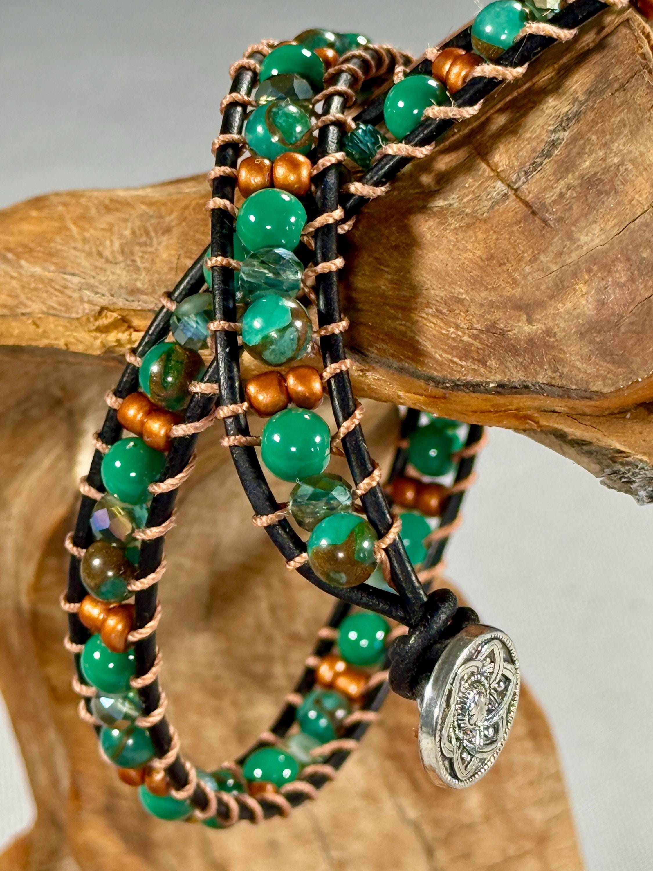 Handmade Double-wrap Beaded Leather Bracelet, Gemstone Beads - Thumbnail 2