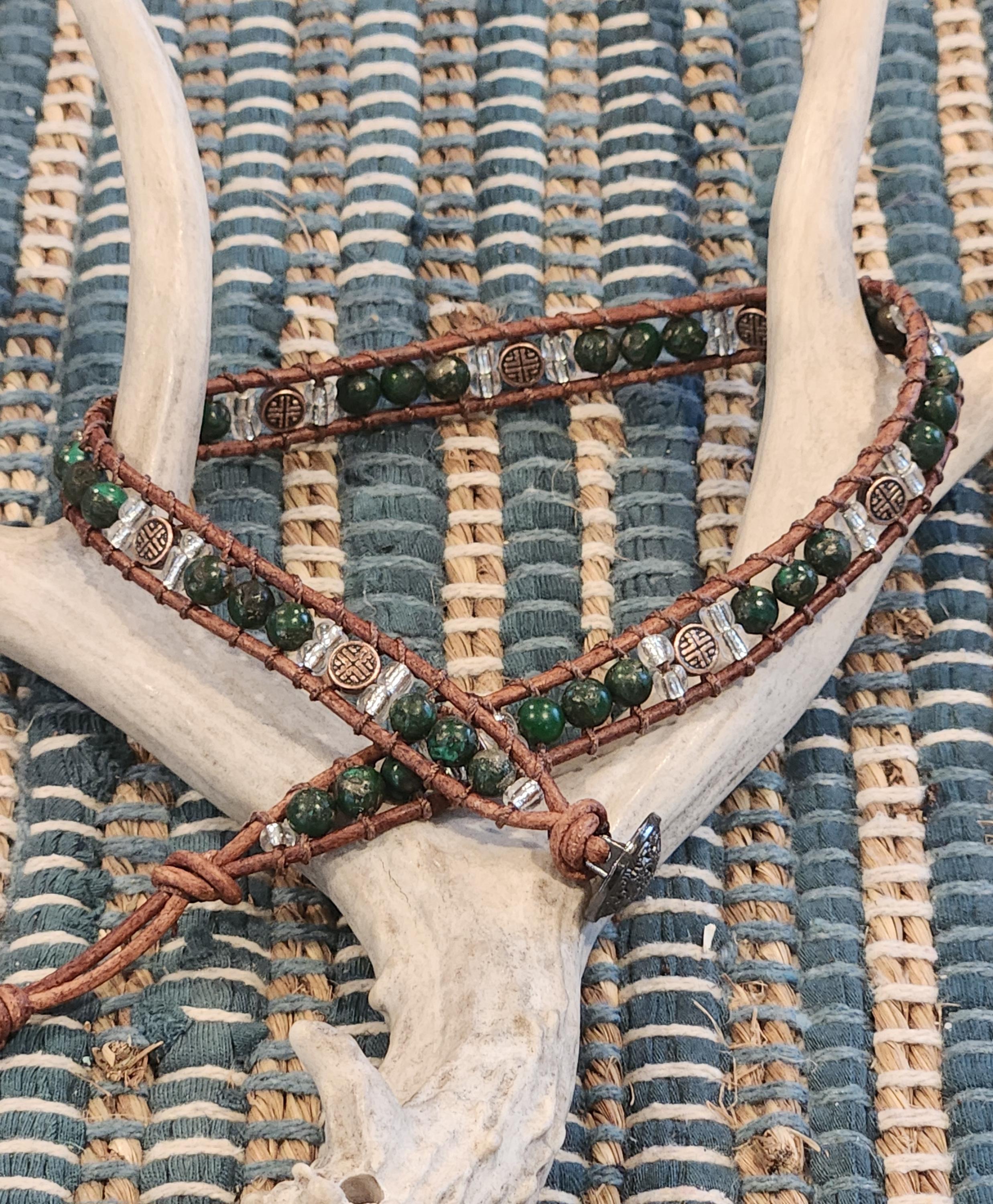 Handmade Double-wrap Beaded Leather Bracelet, Gemstone Beads - Image 1