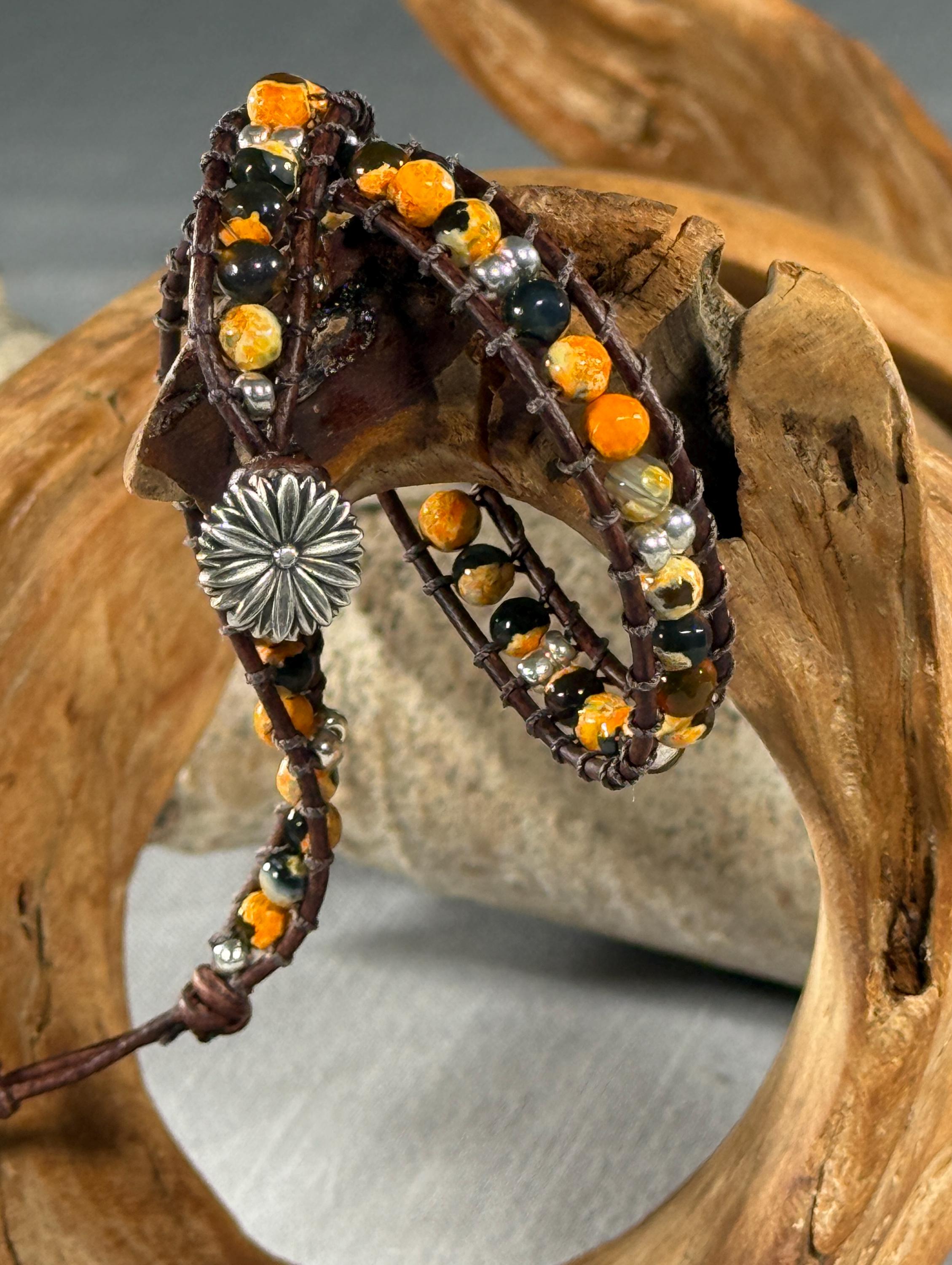 Handmade Double-wrap Beaded Leather Bracelet, Gemstone Beads - Thumbnail 2