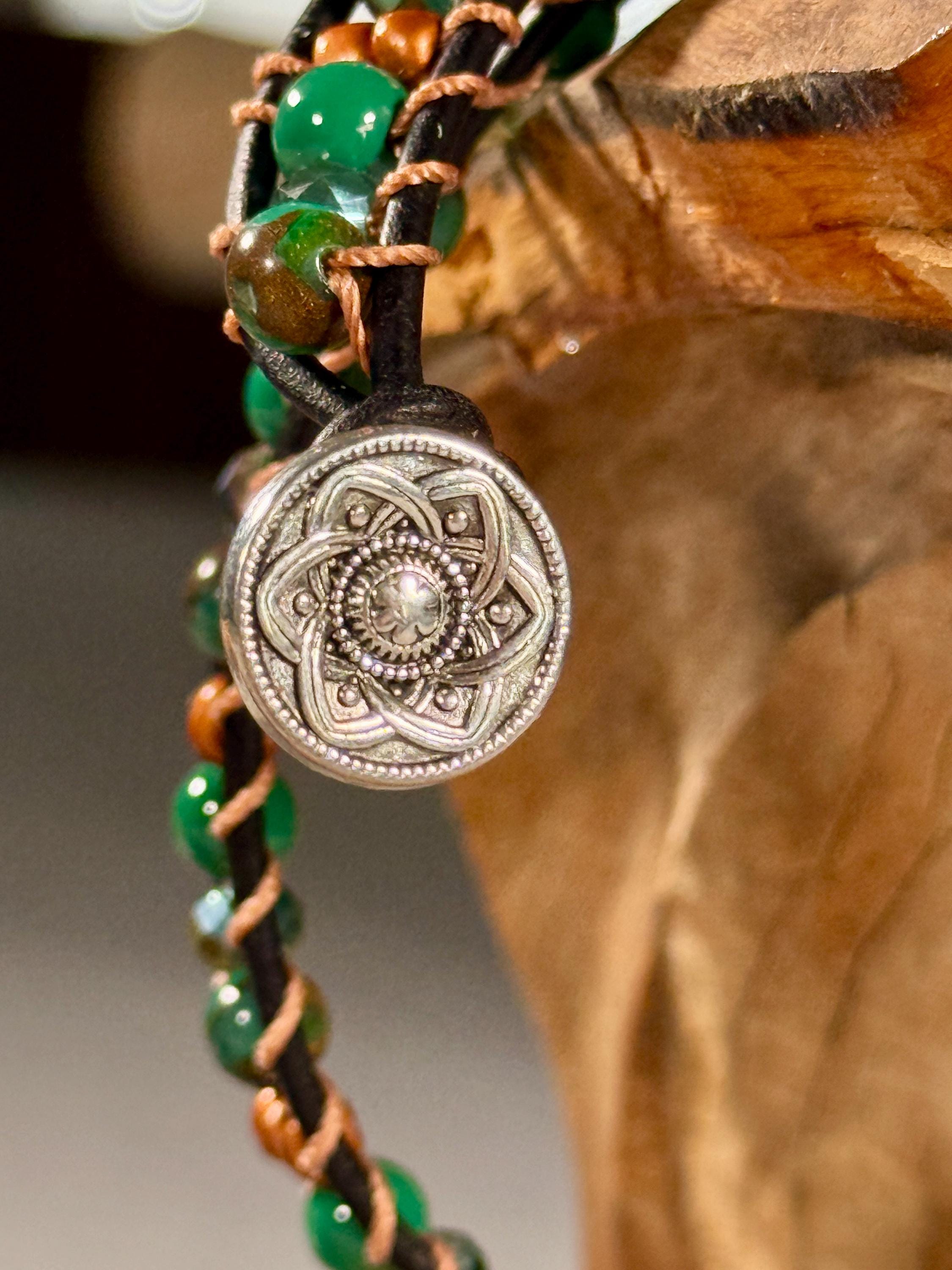 Handmade Double-wrap Beaded Leather Bracelet, Gemstone Beads - Thumbnail 3