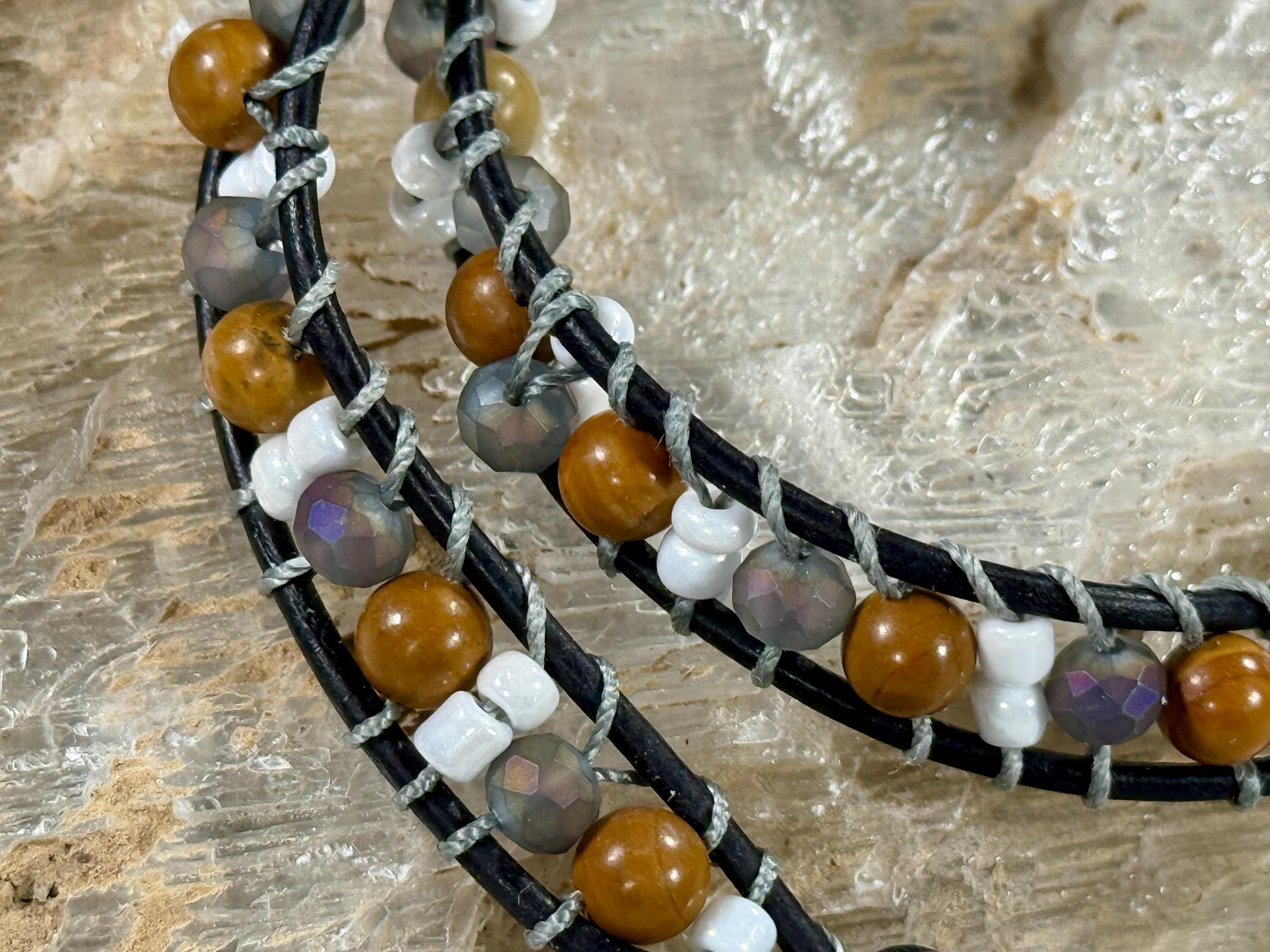 Handmade Double-wrap Beaded Leather Bracelet, Gemstone Beads - Thumbnail 4