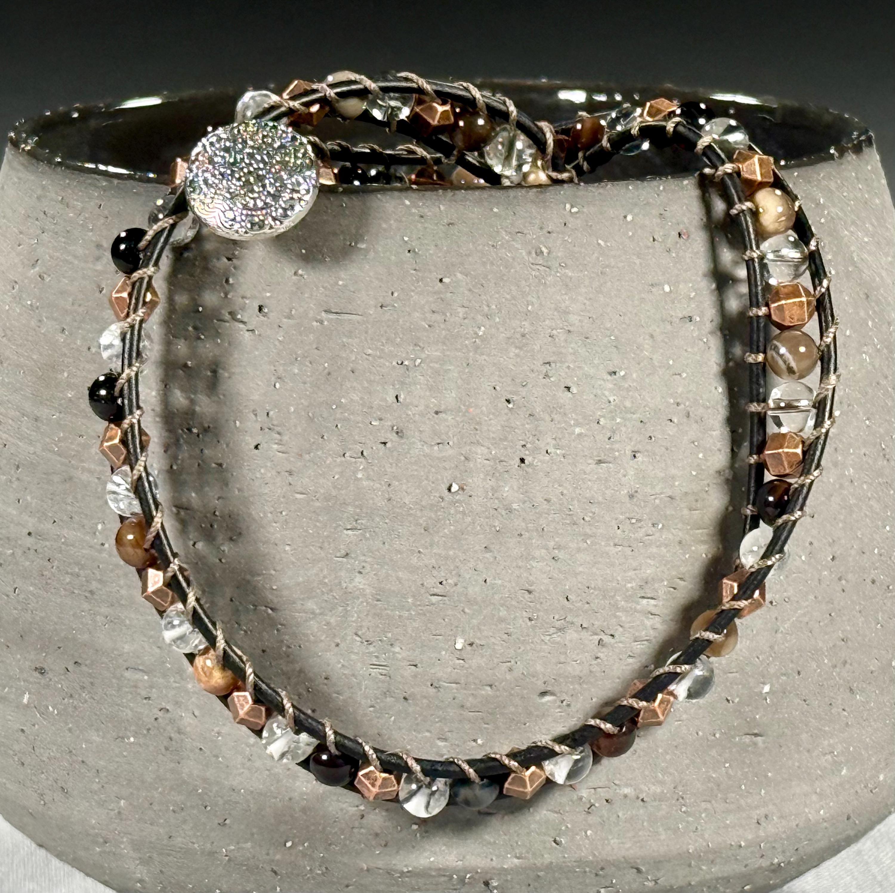 Handmade Double-wrap Beaded Leather Bracelet, Gemstone Beads
