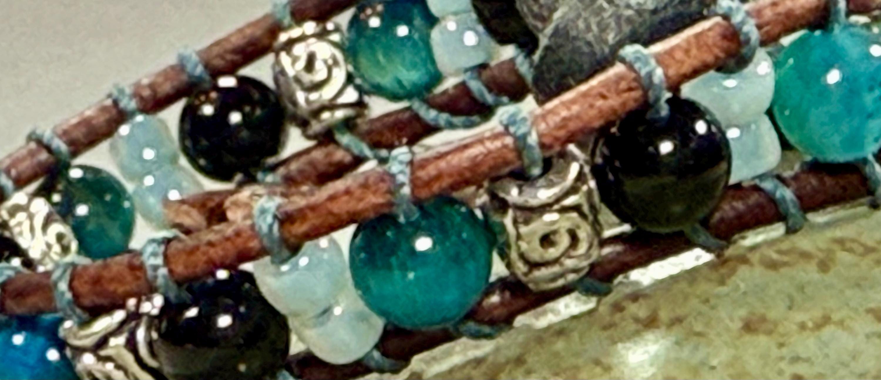 Handmade Beaded Leather Bracelet, Gemstone Beads - Thumbnail 3