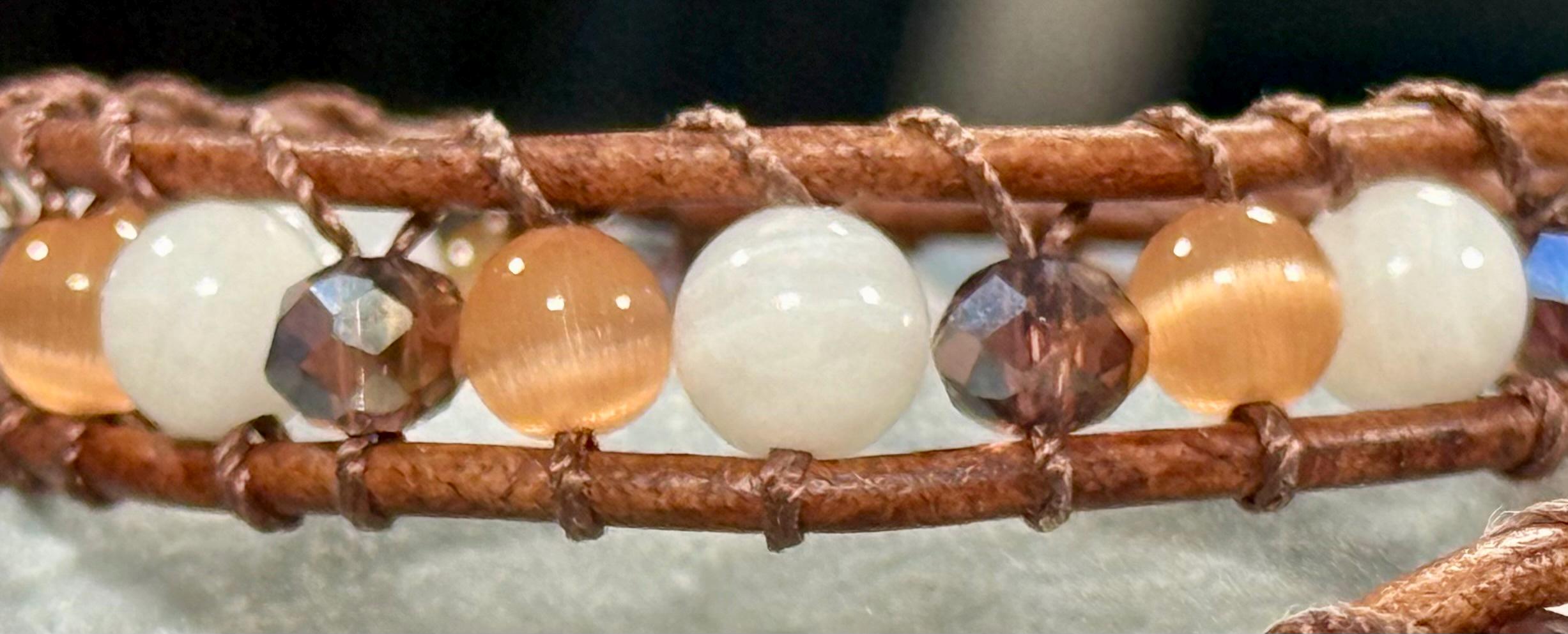 Handmade Double-wrap Beaded Leather Bracelet, Gemstone Beads - Thumbnail 3