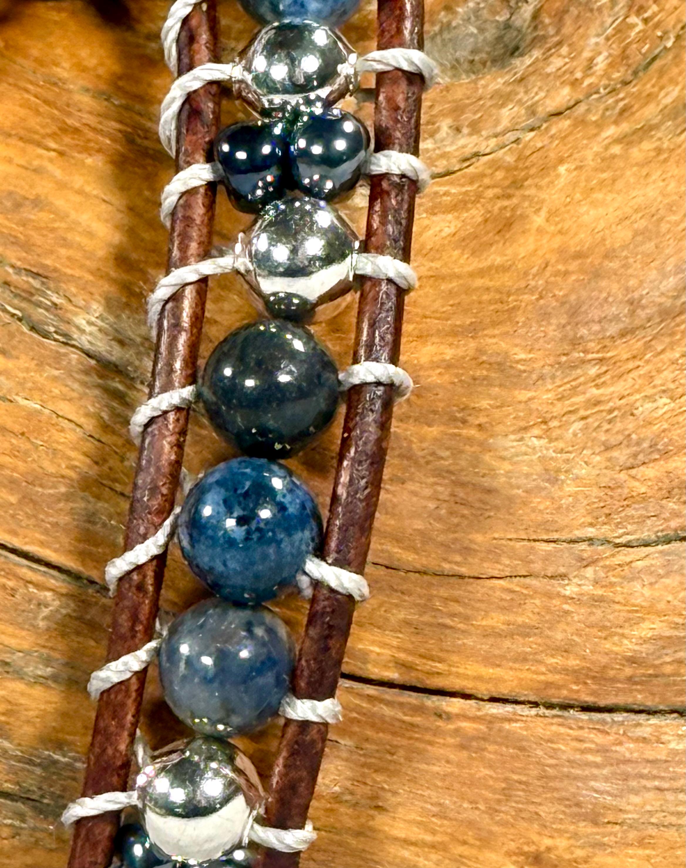 Handmade Double-wrap Beaded Leather Bracelet, Gemstone Beads - Thumbnail 2
