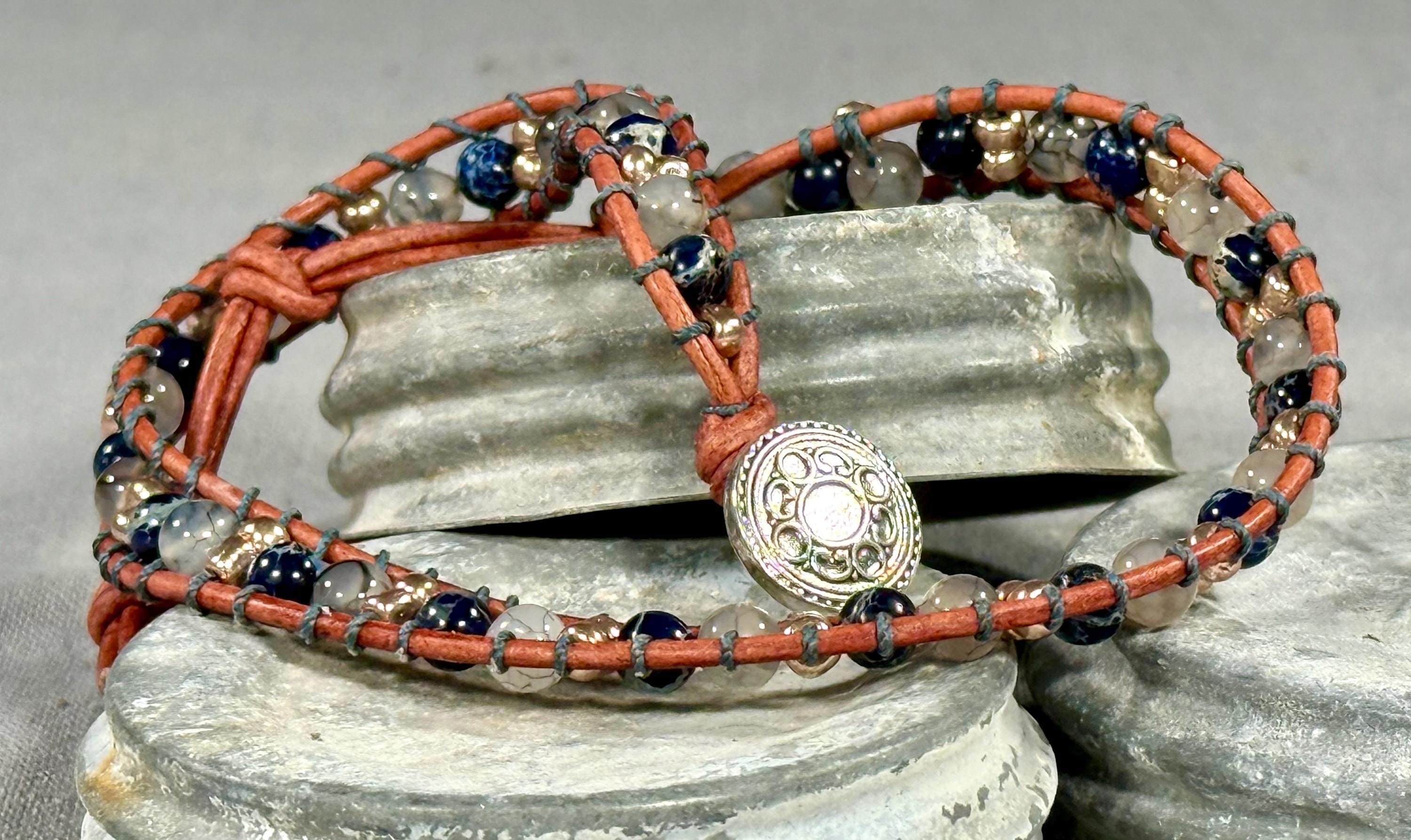 Handmade Double-wrap Beaded Leather Bracelet, Gemstone Beads