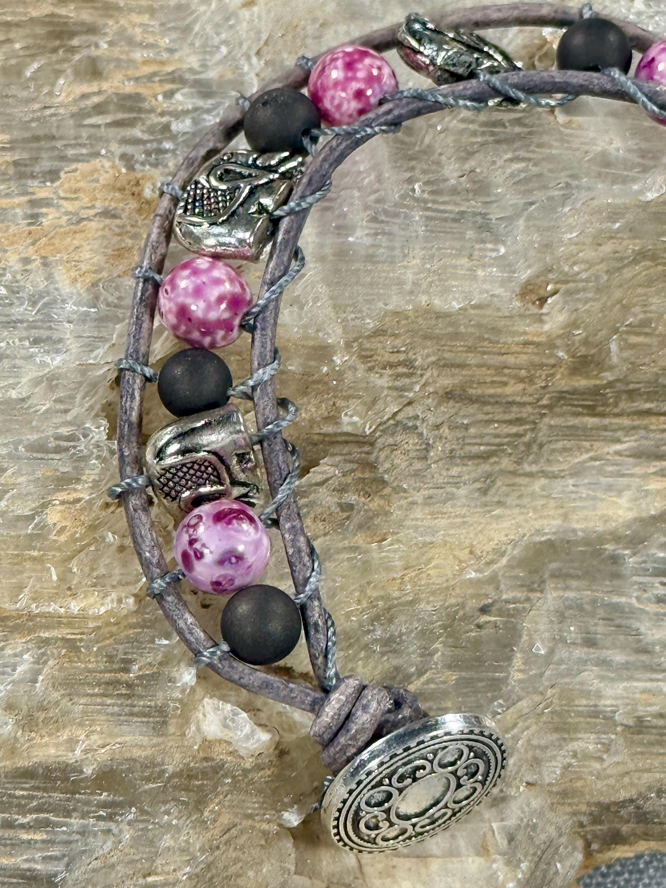 Handmade Beaded Leather Bracelet, Gemstone Beads, Elephant Bracelet - Thumbnail 2