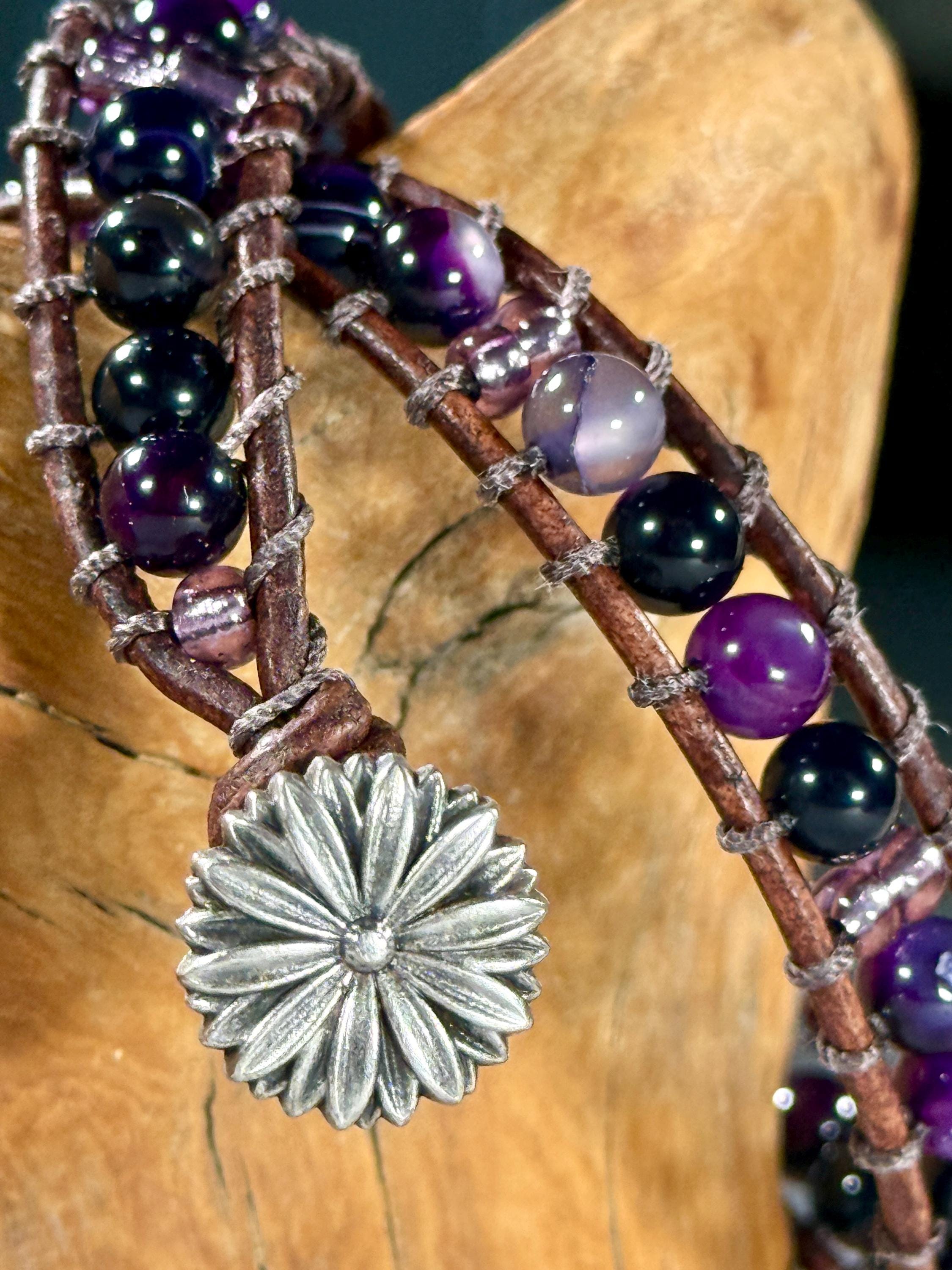 Handmade Double-wrap Beaded Leather Bracelet, Gemstone Beads - Thumbnail 3