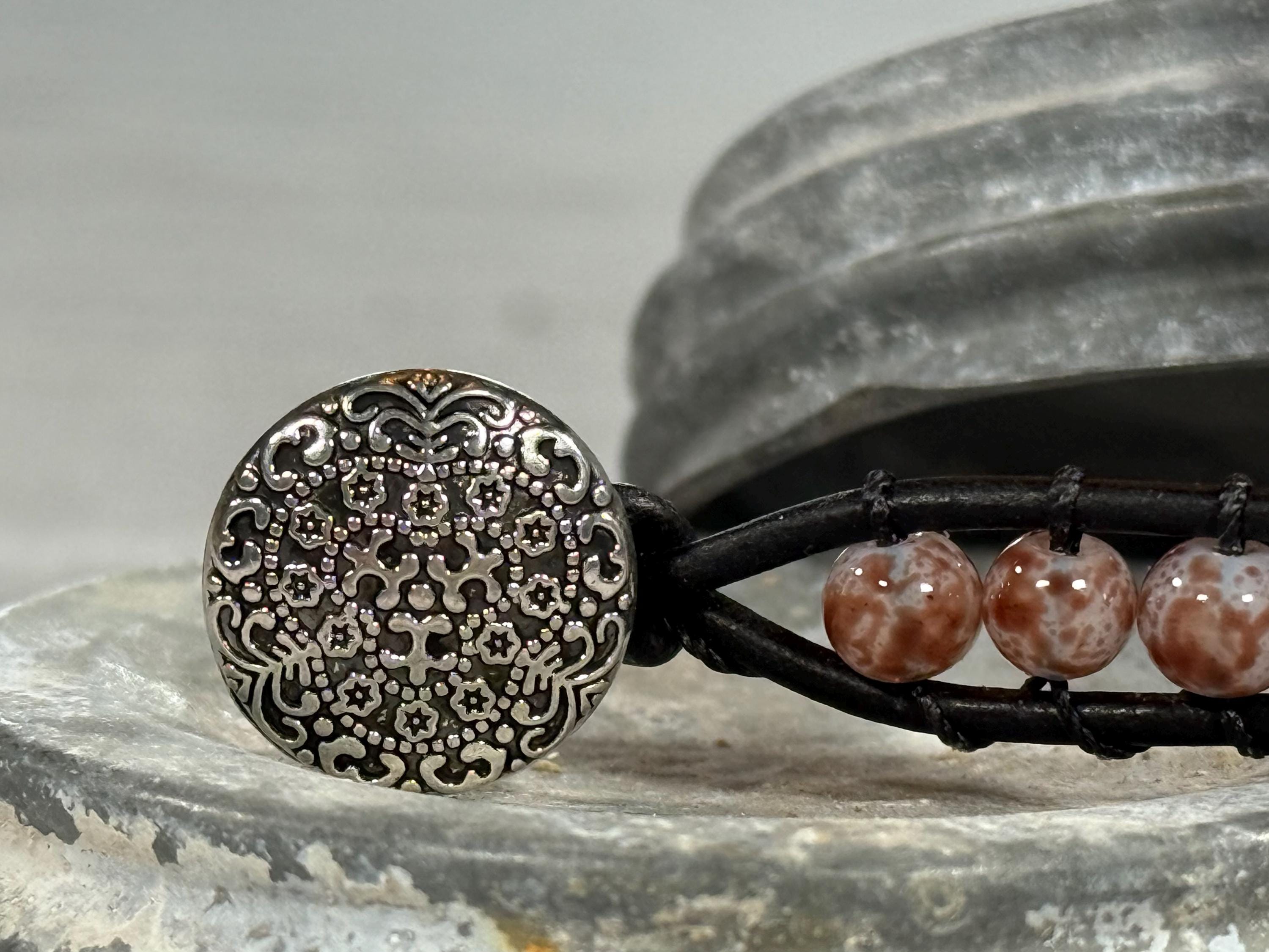 Handmade Double-wrap Beaded Leather Bracelet, Gemstone Beads - Thumbnail 3