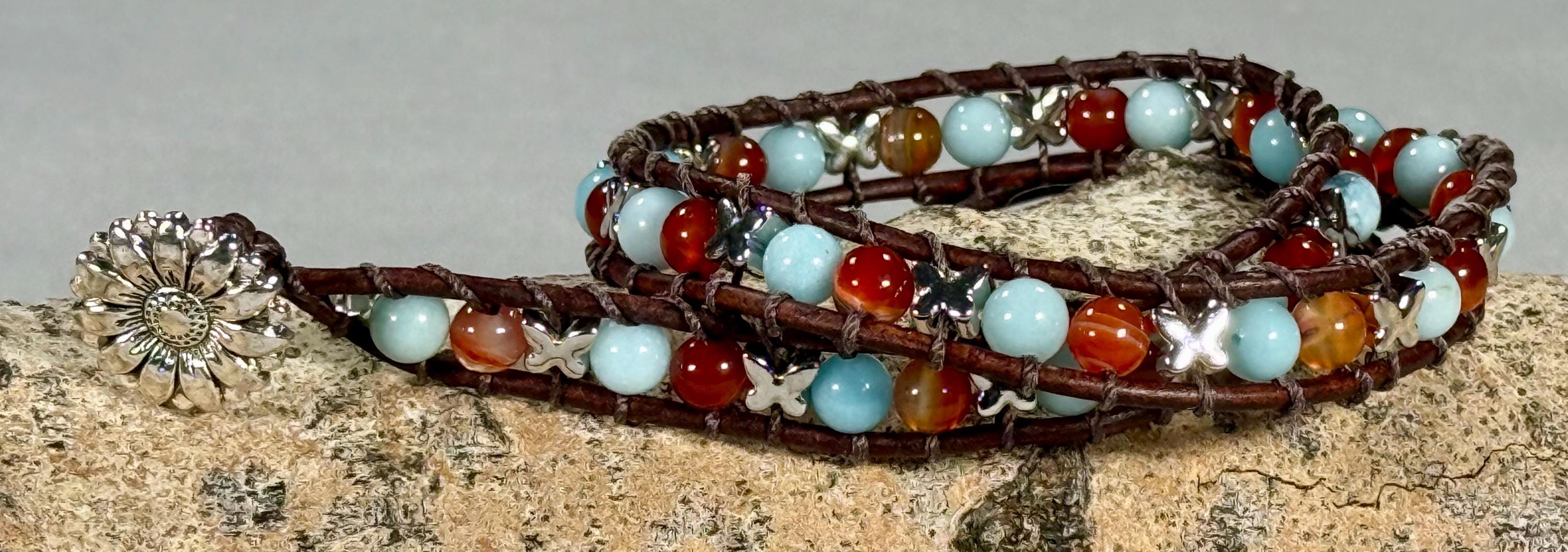 Handmade Double-wrap Beaded Leather Bracelet, Gemstone Beads, Butterfly Beads