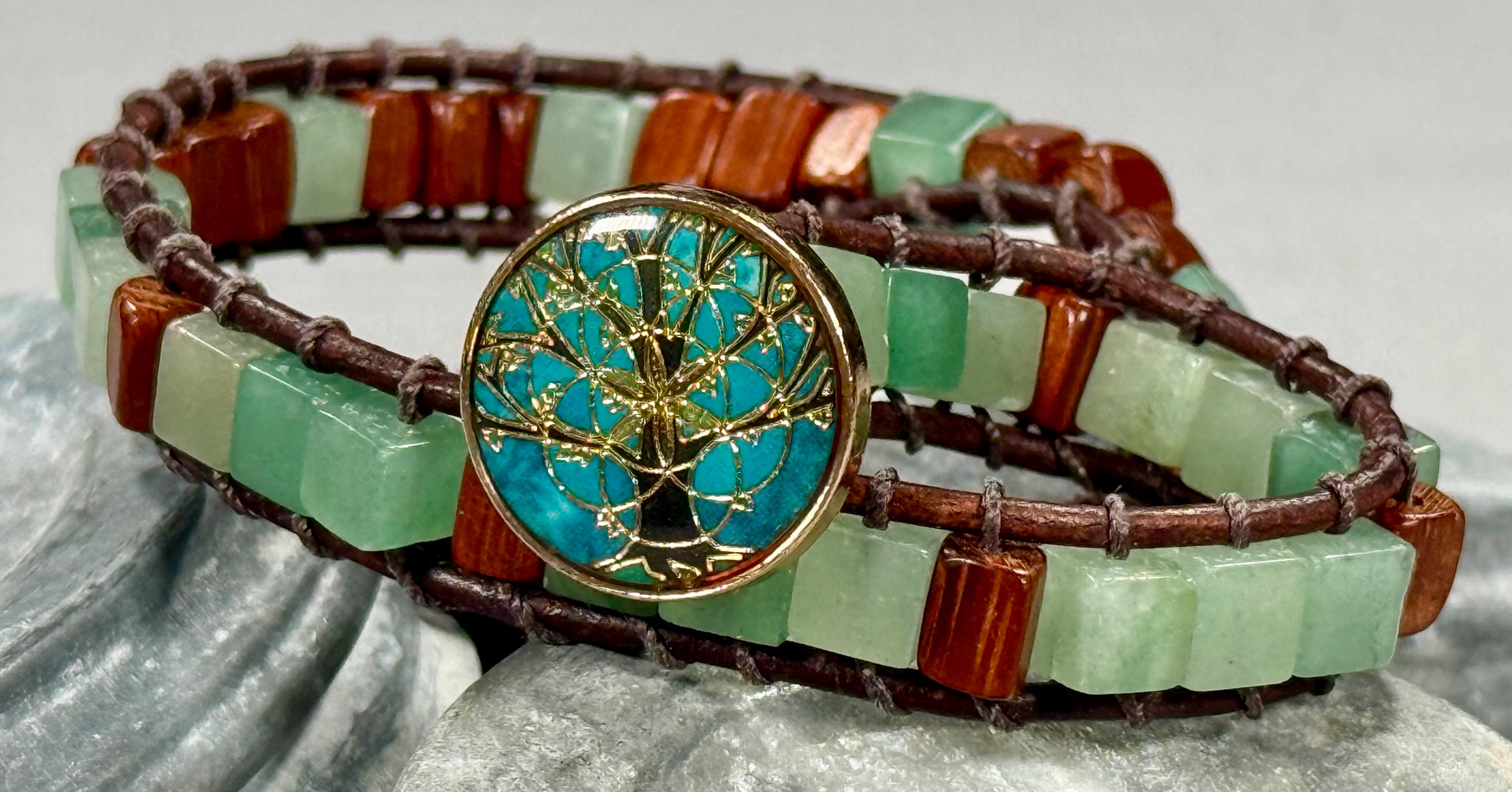 Handmade Double-wrap Beaded Leather Bracelet, Gemstone Beads