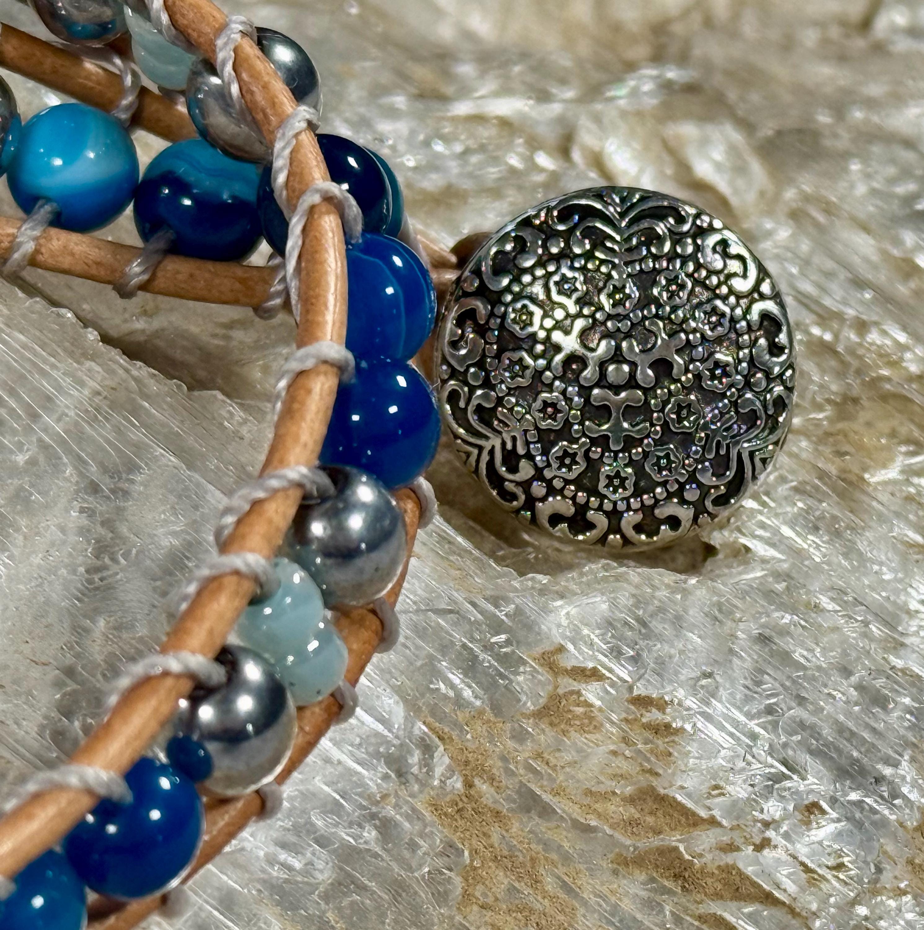 Handmade Double-wrap Beaded Leather Bracelet, Gemstone Beads - Thumbnail 3