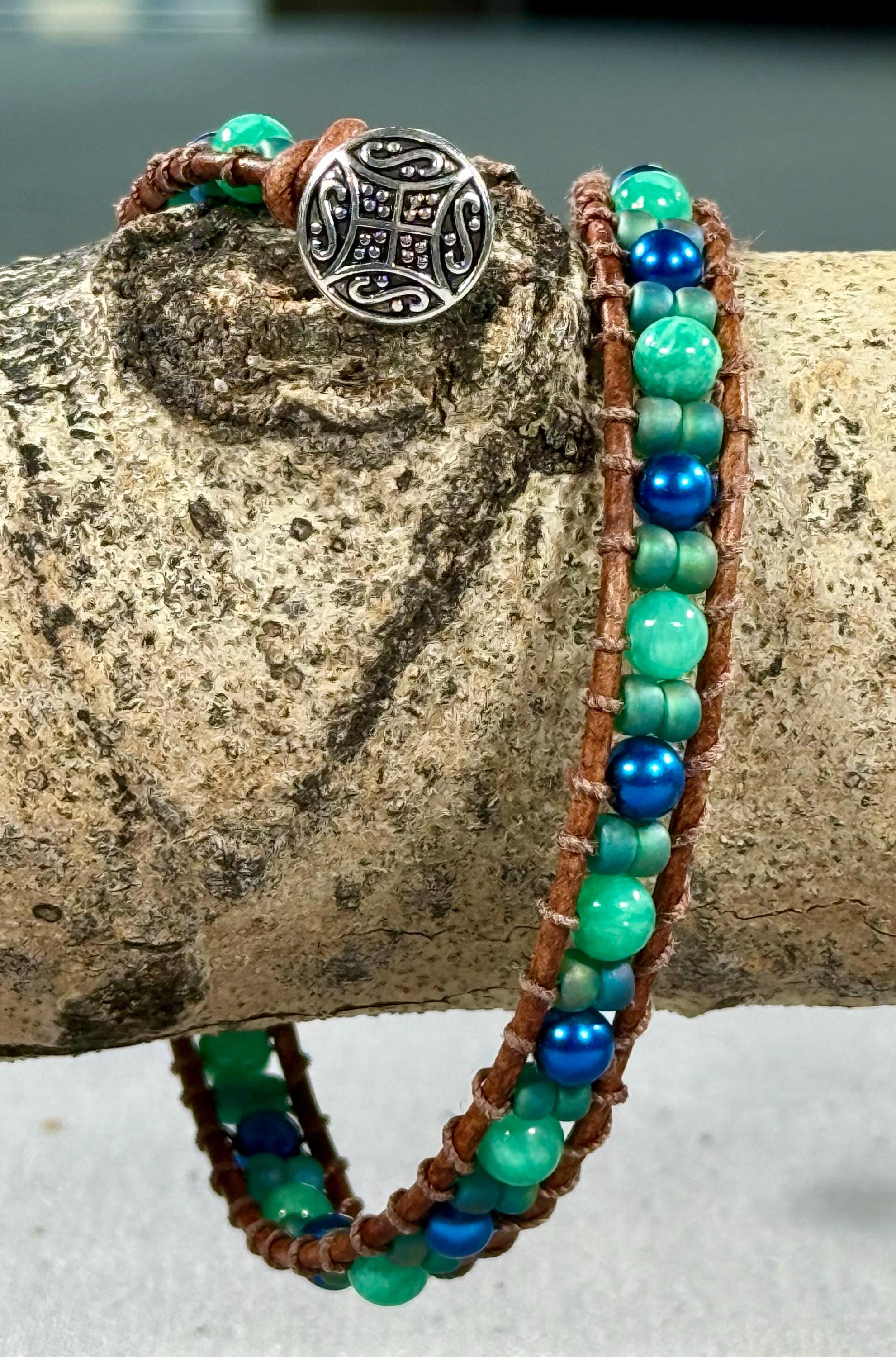 Handmade Double-wrap Beaded Leather Bracelet, Gemstone Beads