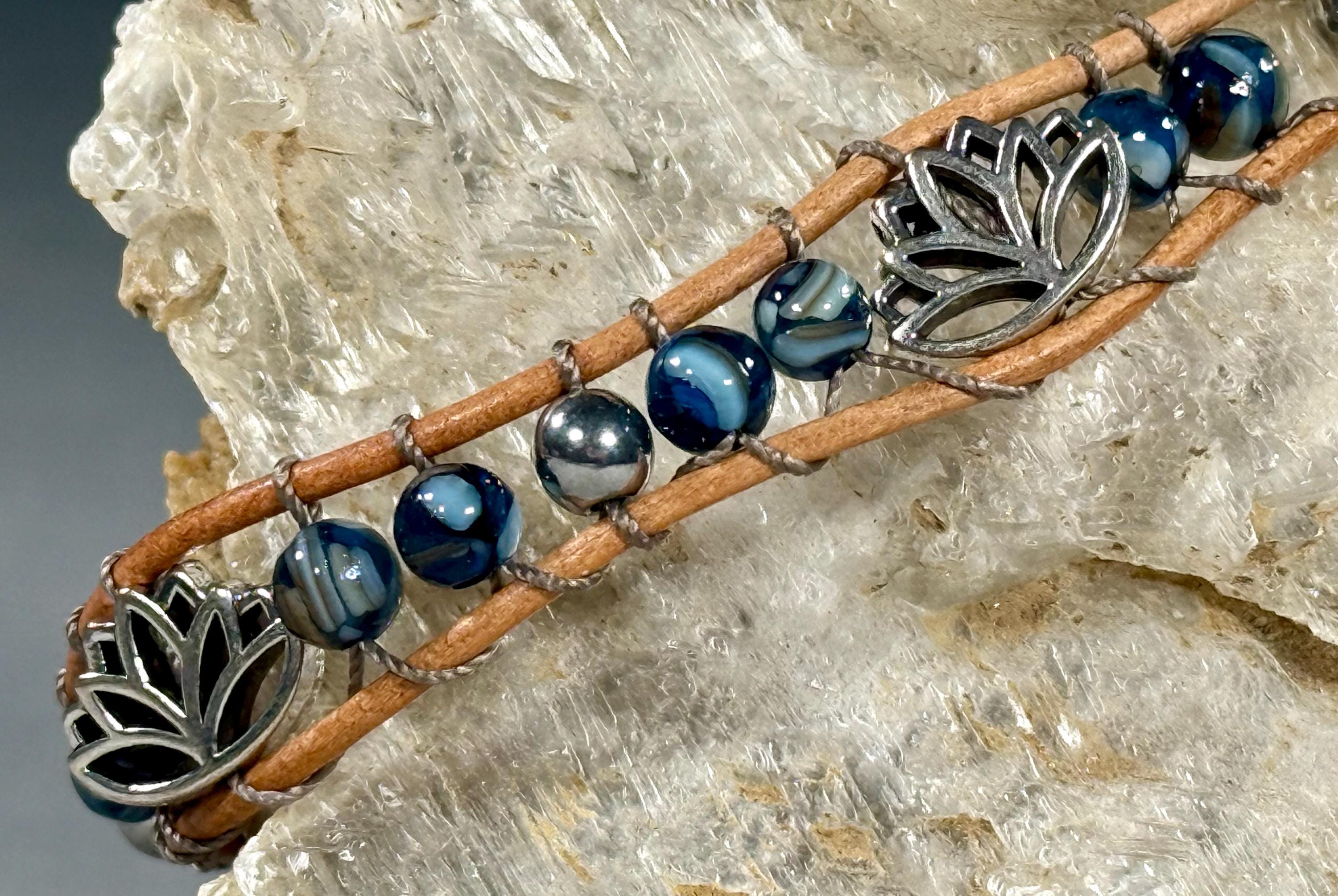 Handmade Double-wrap Beaded Leather Bracelet, Gemstone Beads, Lotus Bracelet - Thumbnail 2