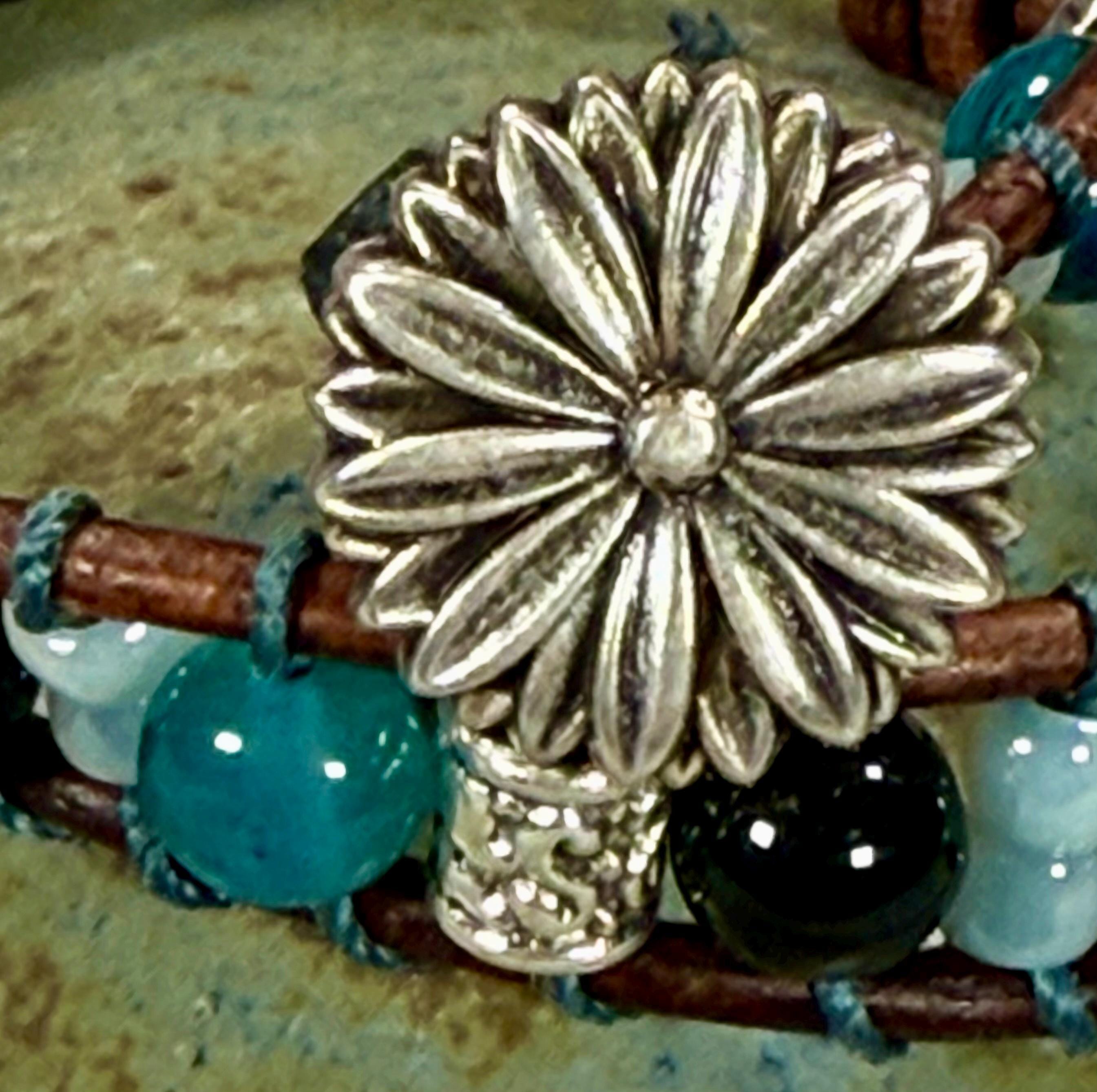 Handmade Beaded Leather Bracelet, Gemstone Beads - Thumbnail 2