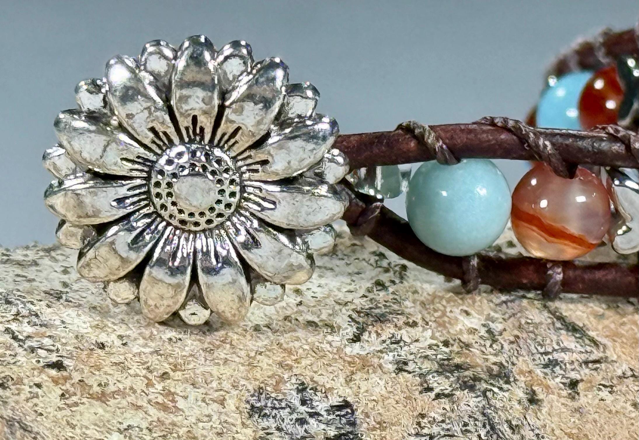 Handmade Double-wrap Beaded Leather Bracelet, Gemstone Beads, Butterfly Beads - Thumbnail 2