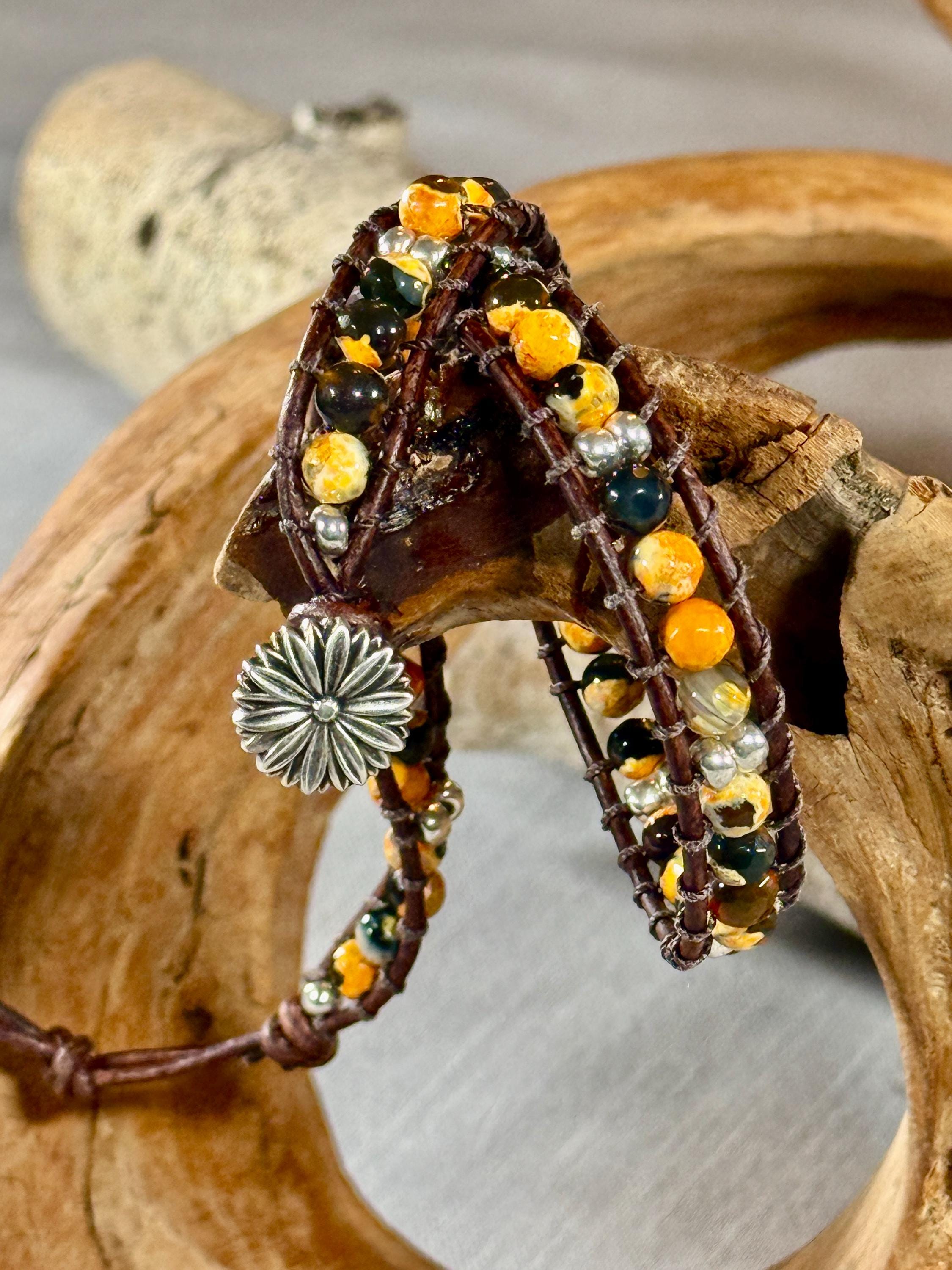 Handmade Double-wrap Beaded Leather Bracelet, Gemstone Beads - Image 1
