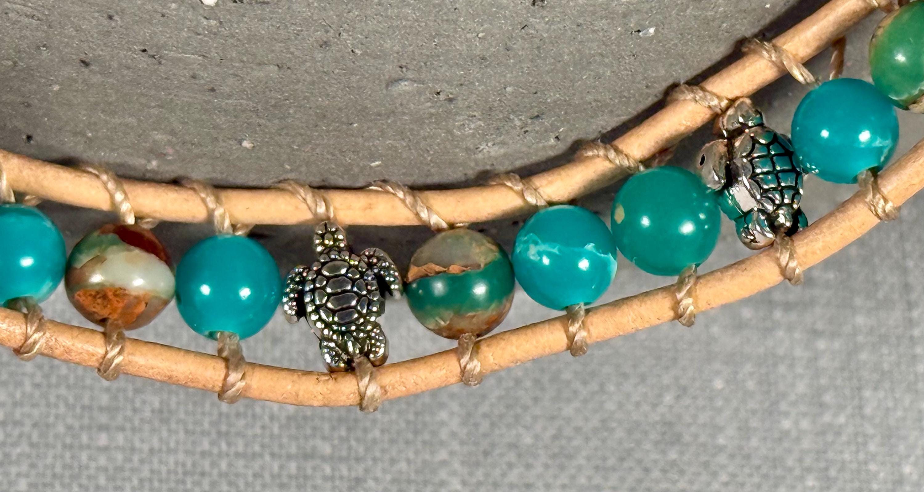 Handmade Double-wrap Beaded Leather Bracelet, Gemstone Beads, Turtle Beads - Thumbnail 3