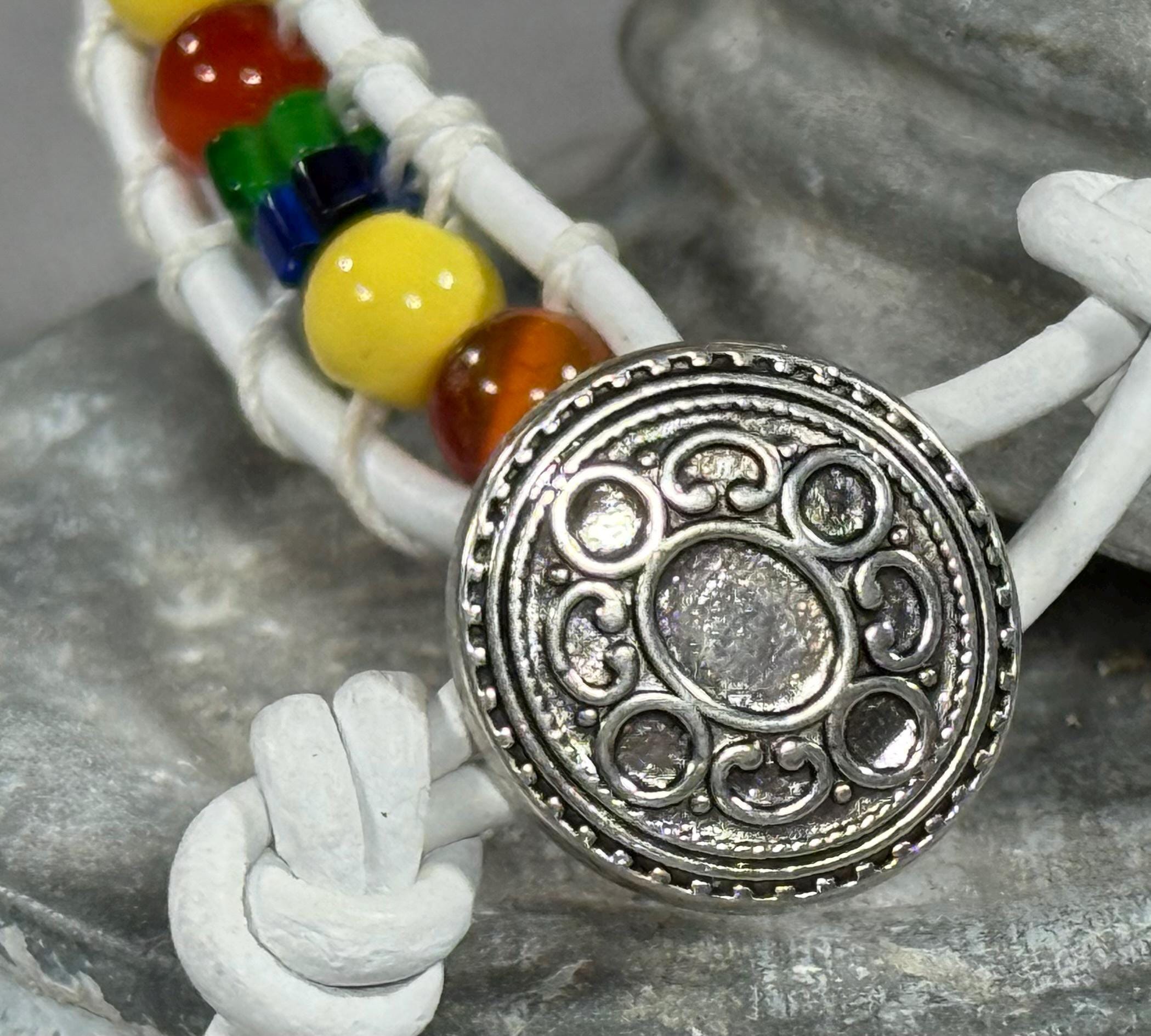 Handmade Beaded Leather Bracelet, Gemstone Beads - Thumbnail 3