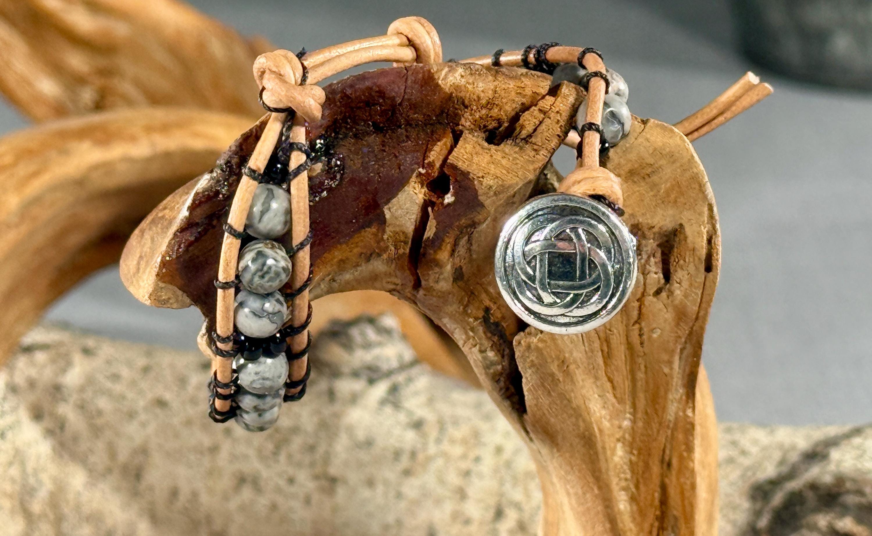 Handmade Beaded Leather Bracelet, Gemstone Beads - Thumbnail 2