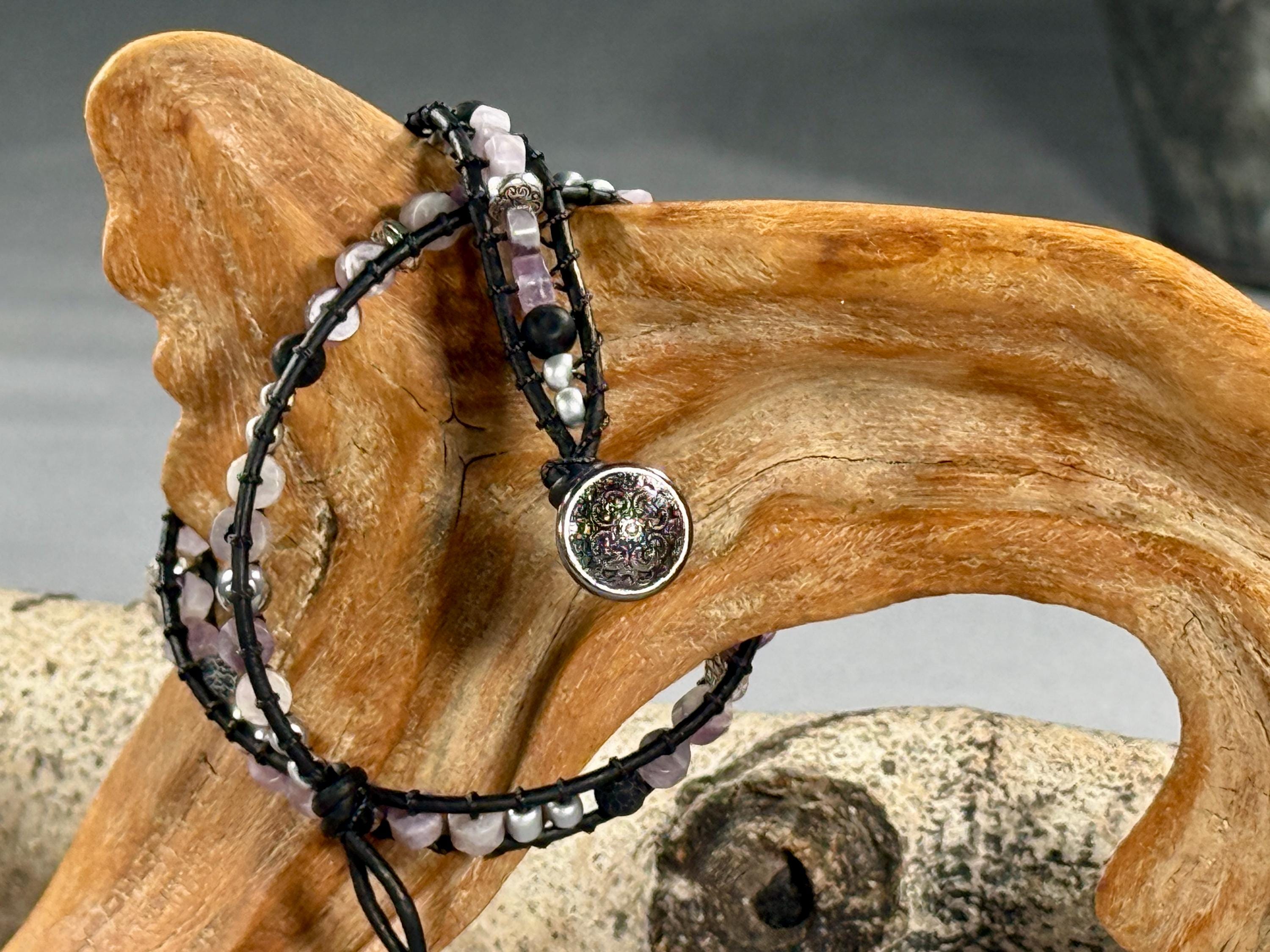 Handmade Double-wrap Beaded Leather Bracelet, Amethyst Gemstone Beads - Thumbnail 3