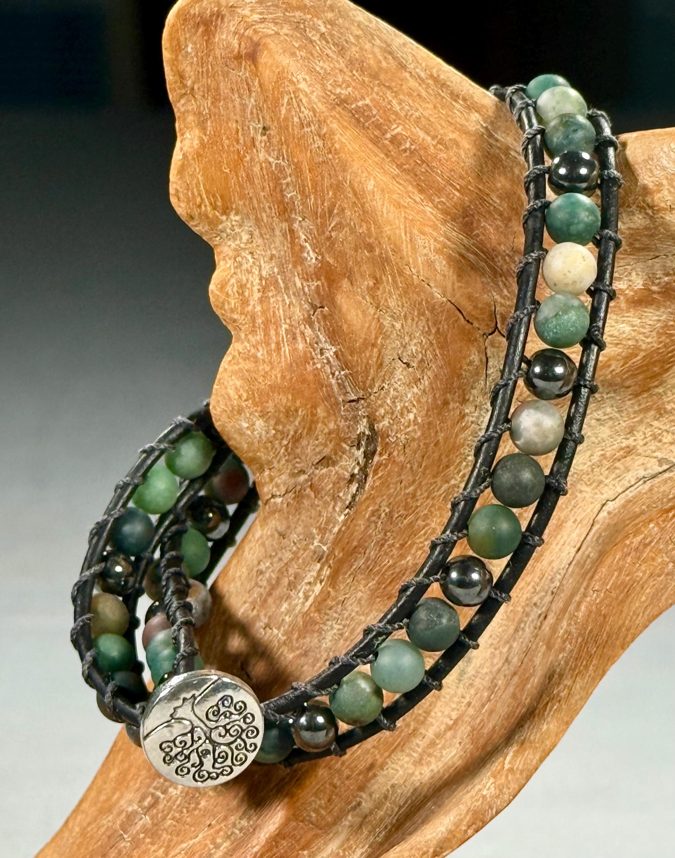 Handmade Double-wrap Beaded Leather Bracelet, Gemstone Beads