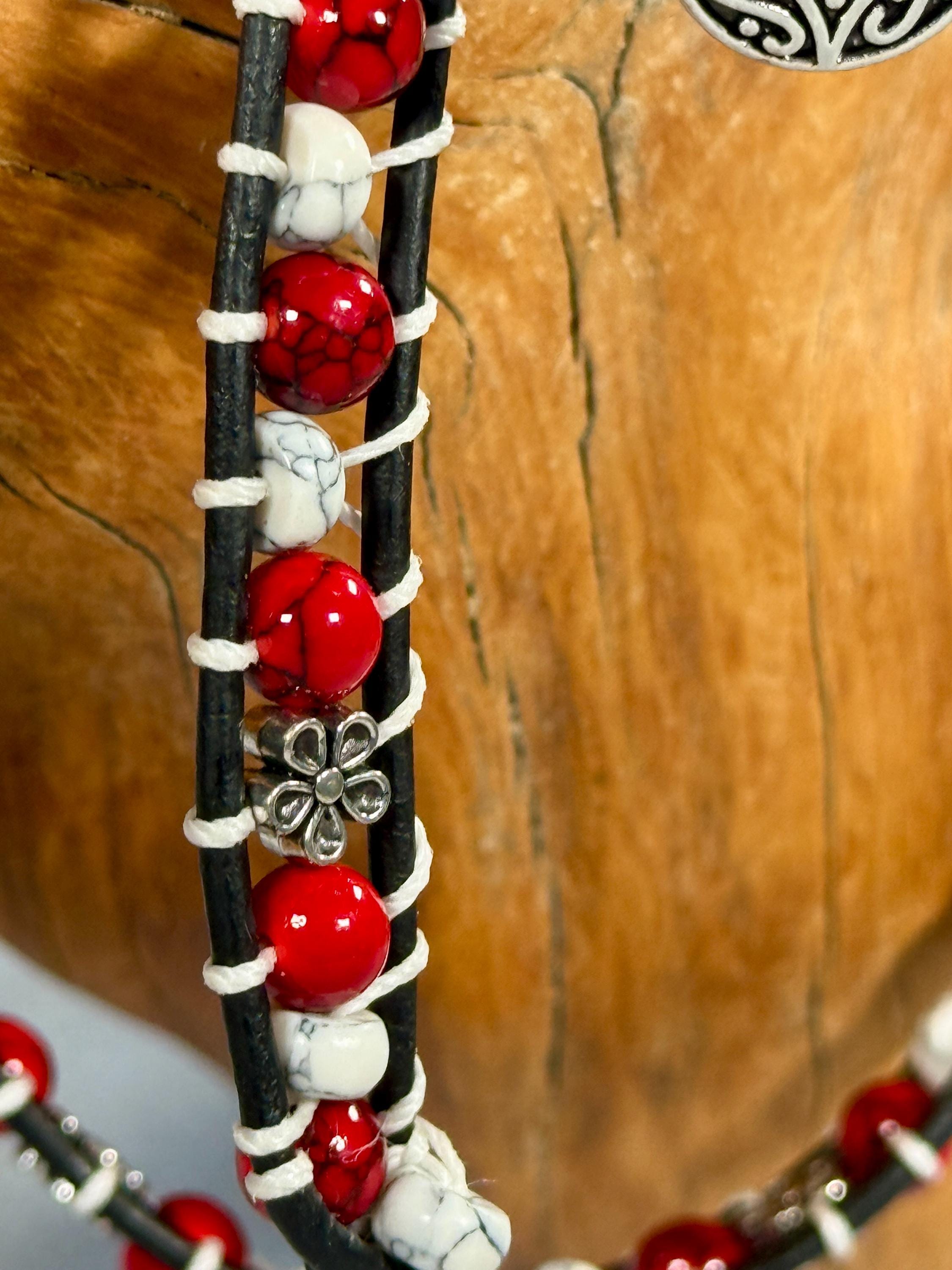 Handmade Double-wrap Beaded Leather Bracelet, Gemstone Beads, Flower Bracelet - Thumbnail 2