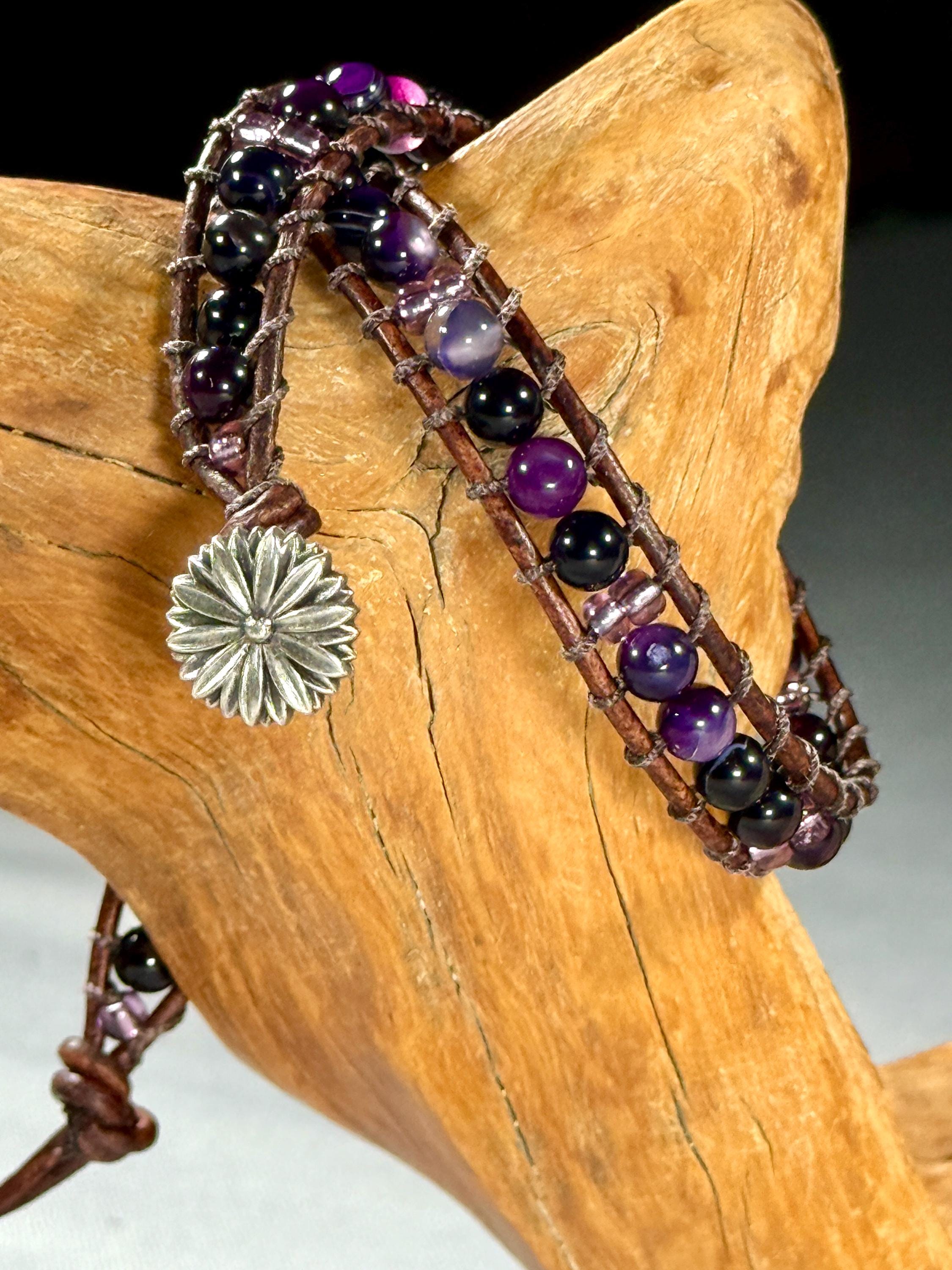 Handmade Double-wrap Beaded Leather Bracelet, Gemstone Beads - Thumbnail 2