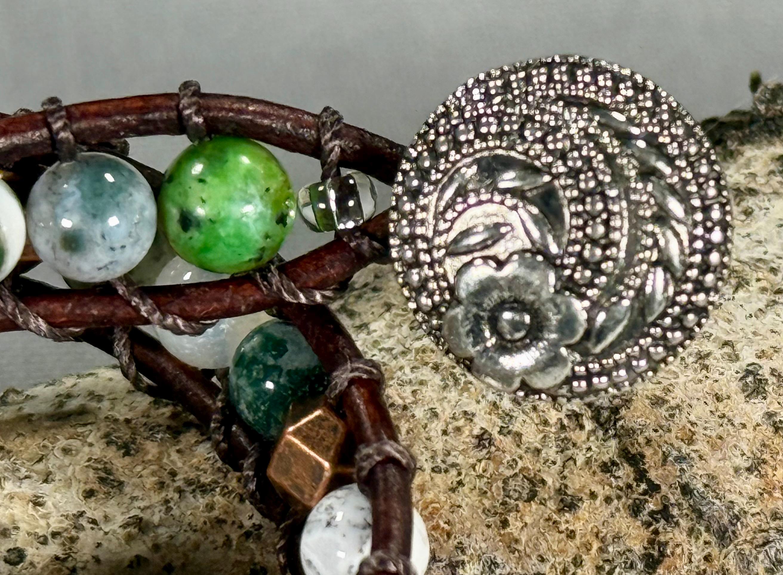 Handmade Double-wrap Beaded Leather Bracelet, Gemstone Beads - Thumbnail 2